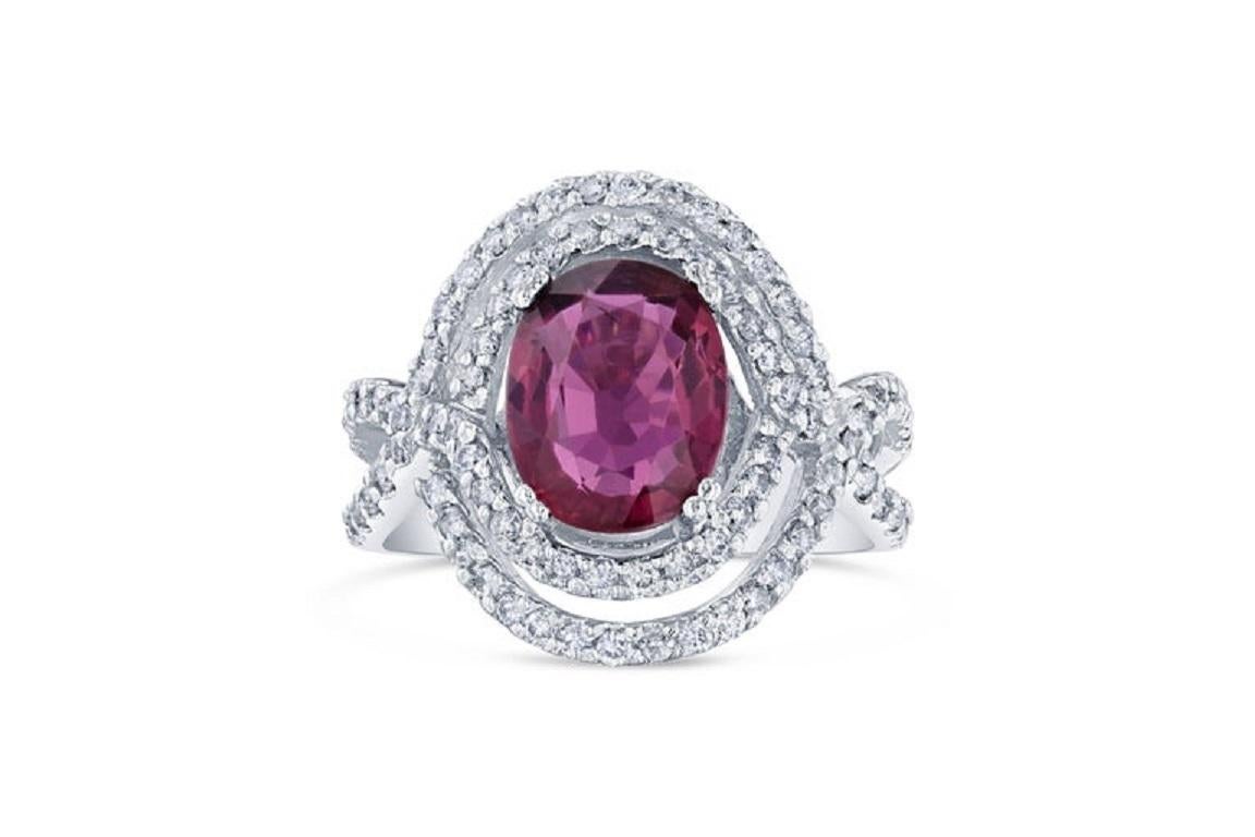 Contemporary 3.15 Carat Oval Cut Pink Tourmaline Diamond White Gold Cocktail Ring For Sale