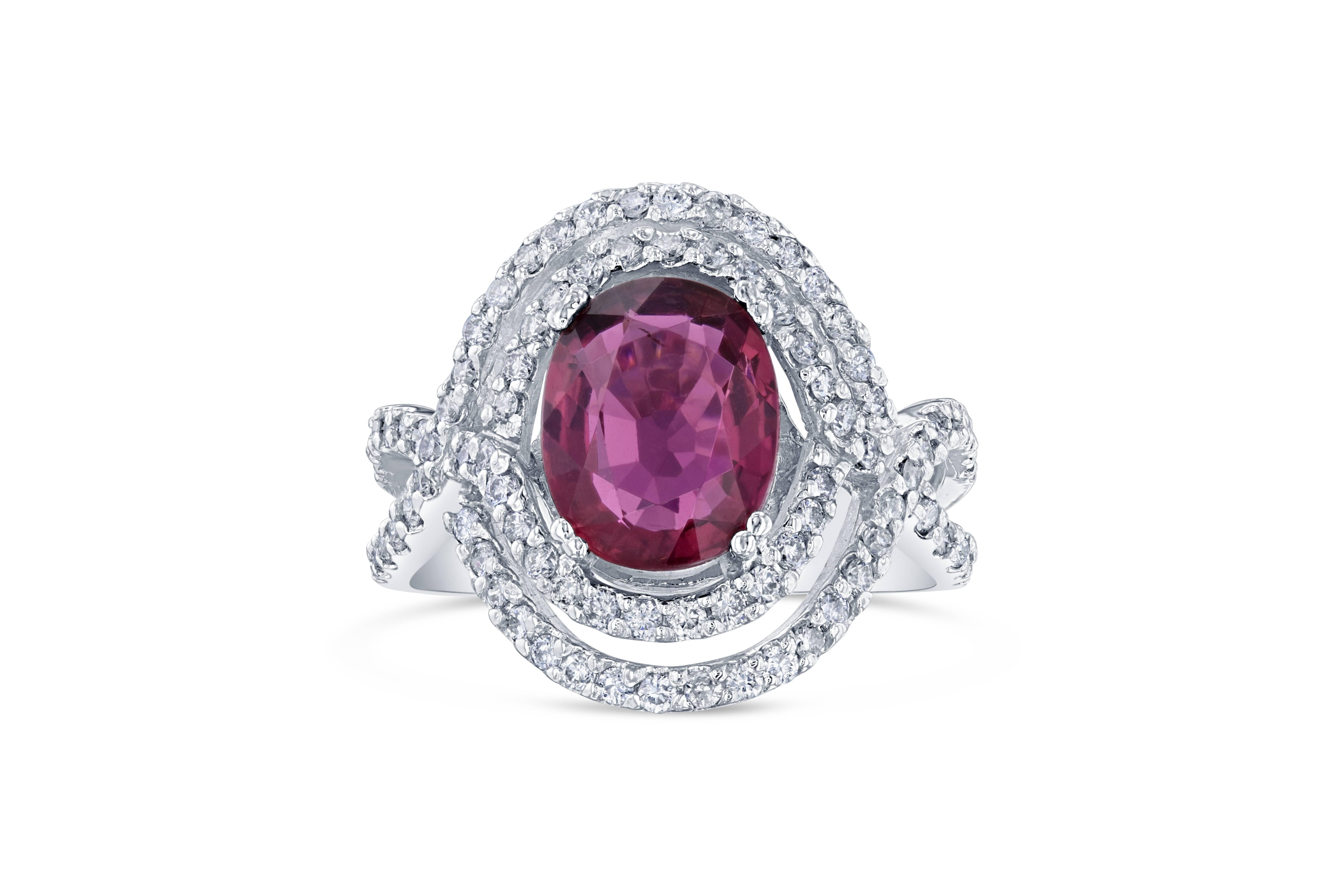 3.15 Carat Oval Cut Pink Tourmaline Diamond White Gold Cocktail Ring In New Condition In Los Angeles, CA