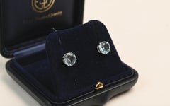 3.15 Carat Round Cut Aquamarine Earrings. Platinum Prong Set Push Back