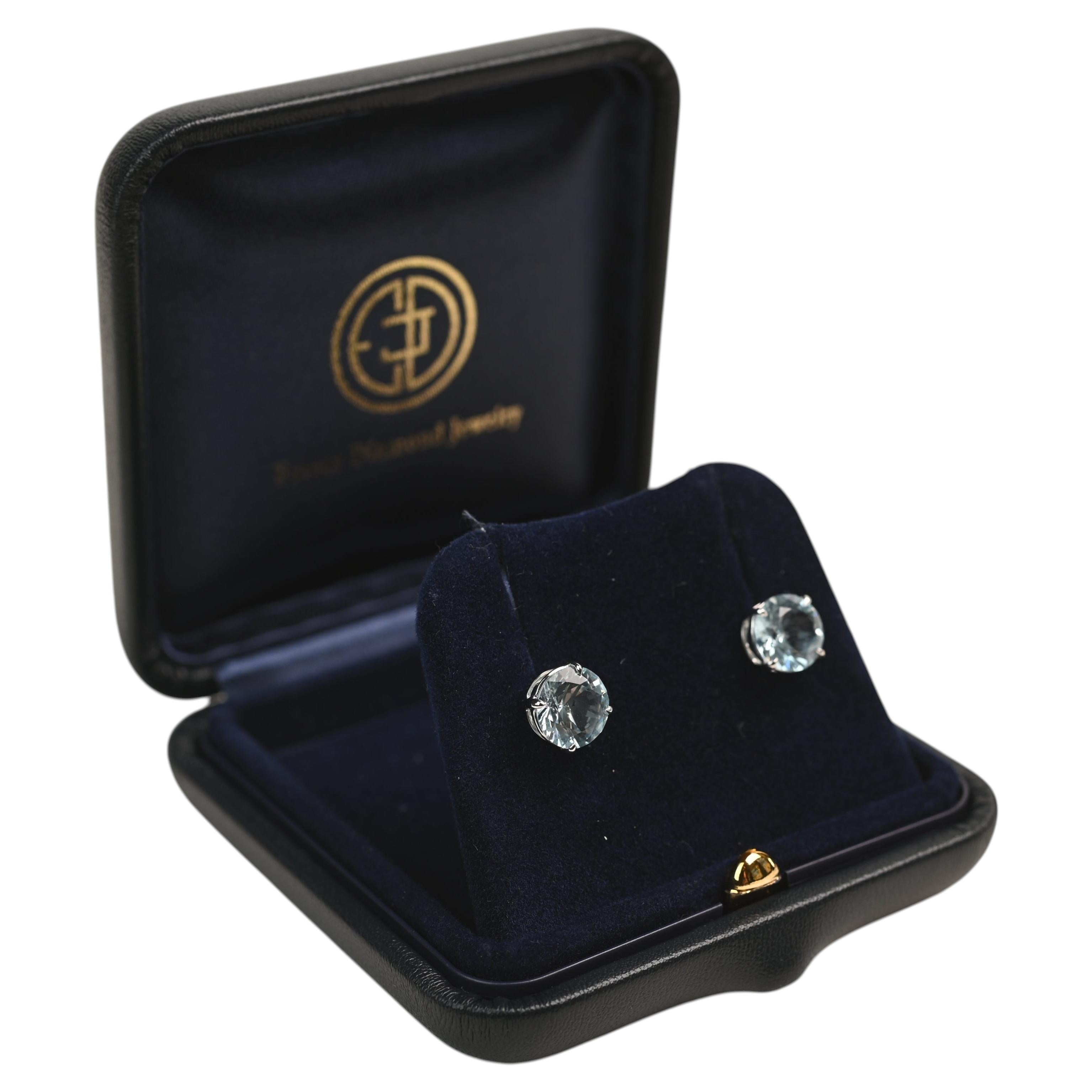 3.15 Carat Round Cut Aquamarine Earrings. Platinum Prong Set Push Back For Sale
