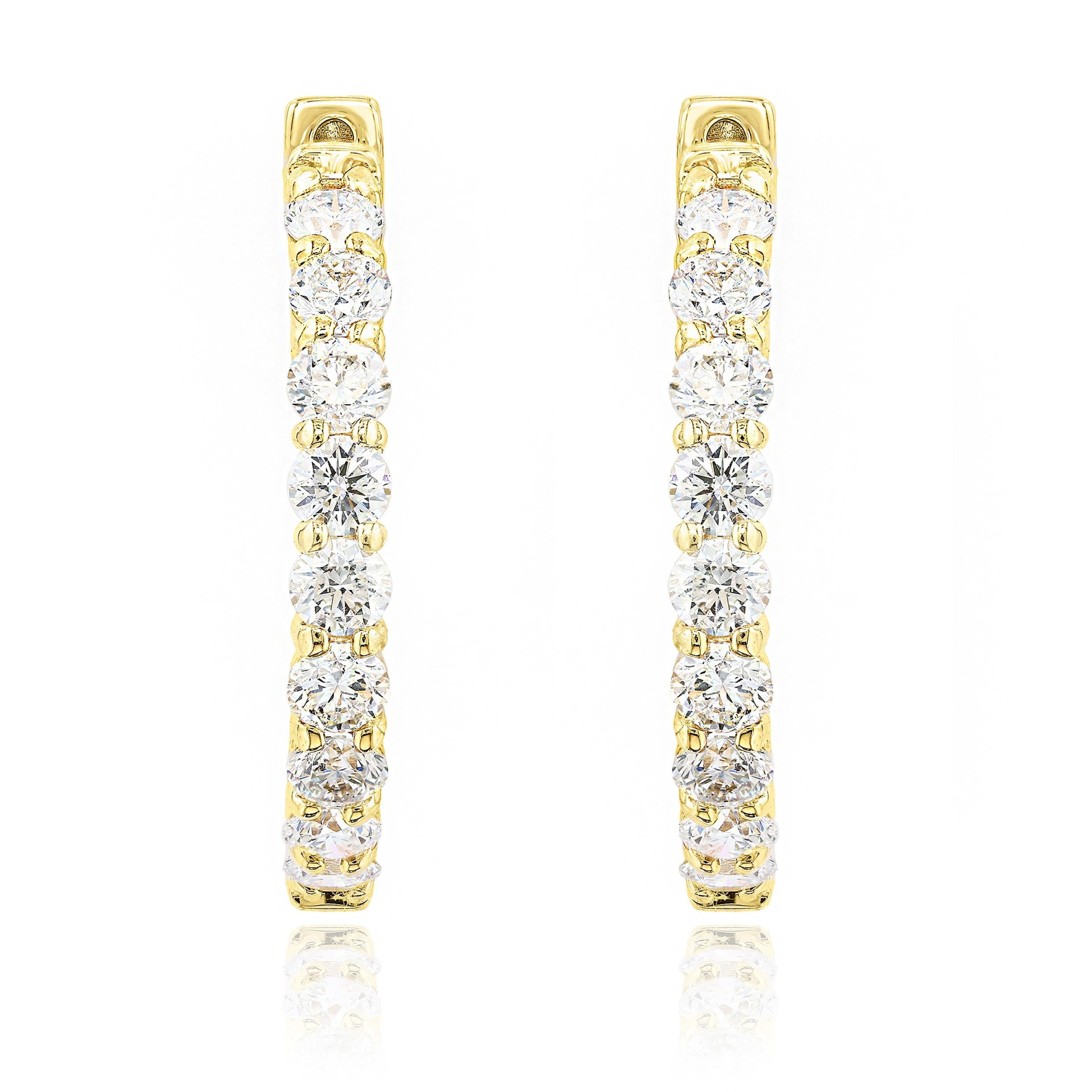 Modern 3.15 Carat Round Cut Diamond Hoop Earrings in 14K Yellow Gold For Sale
