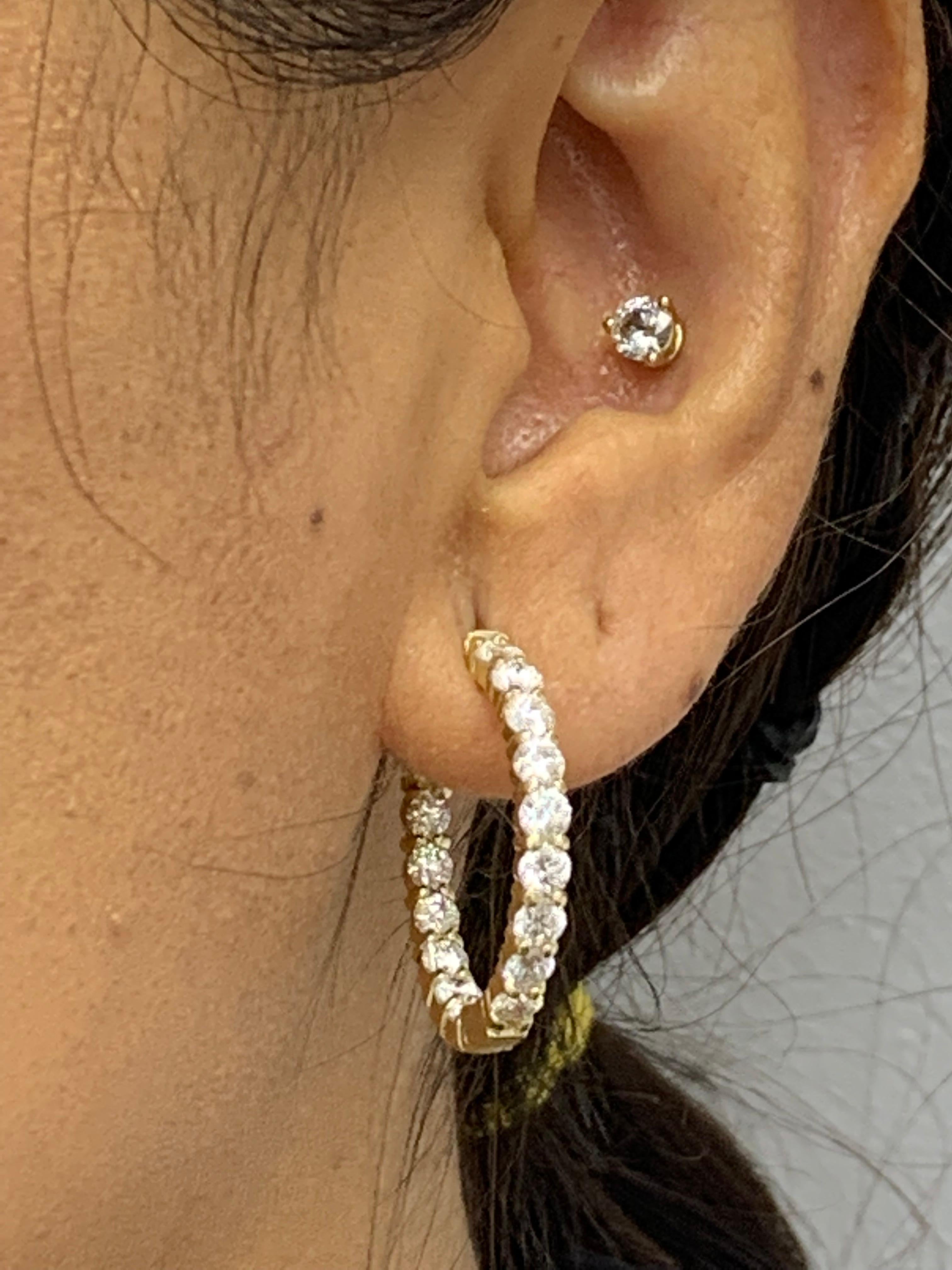 3.15 Carat Round Cut Diamond Hoop Earrings in 14K Yellow Gold For Sale 1
