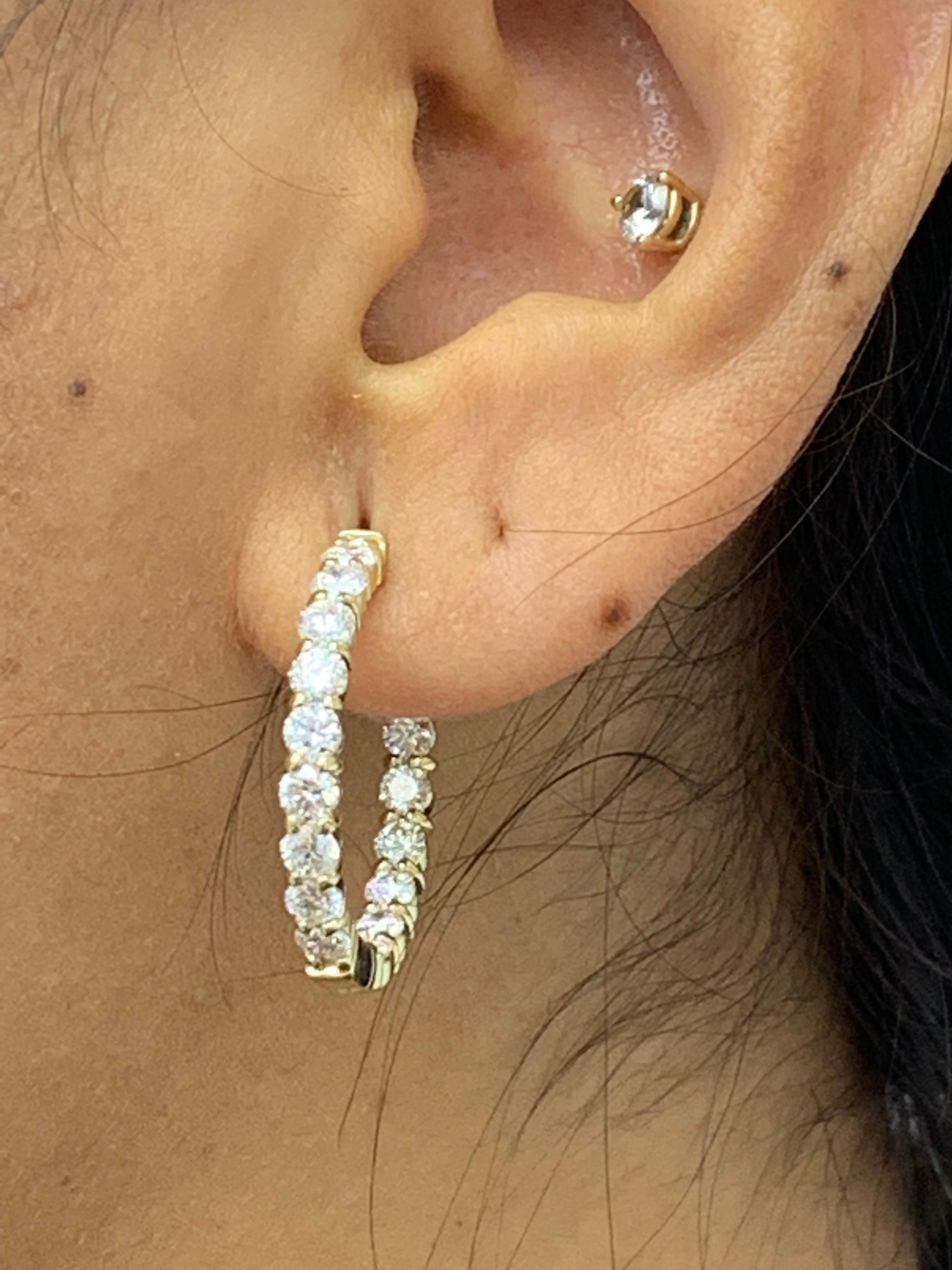 3.15 Carat Round Cut Diamond Hoop Earrings in 14K Yellow Gold For Sale 2
