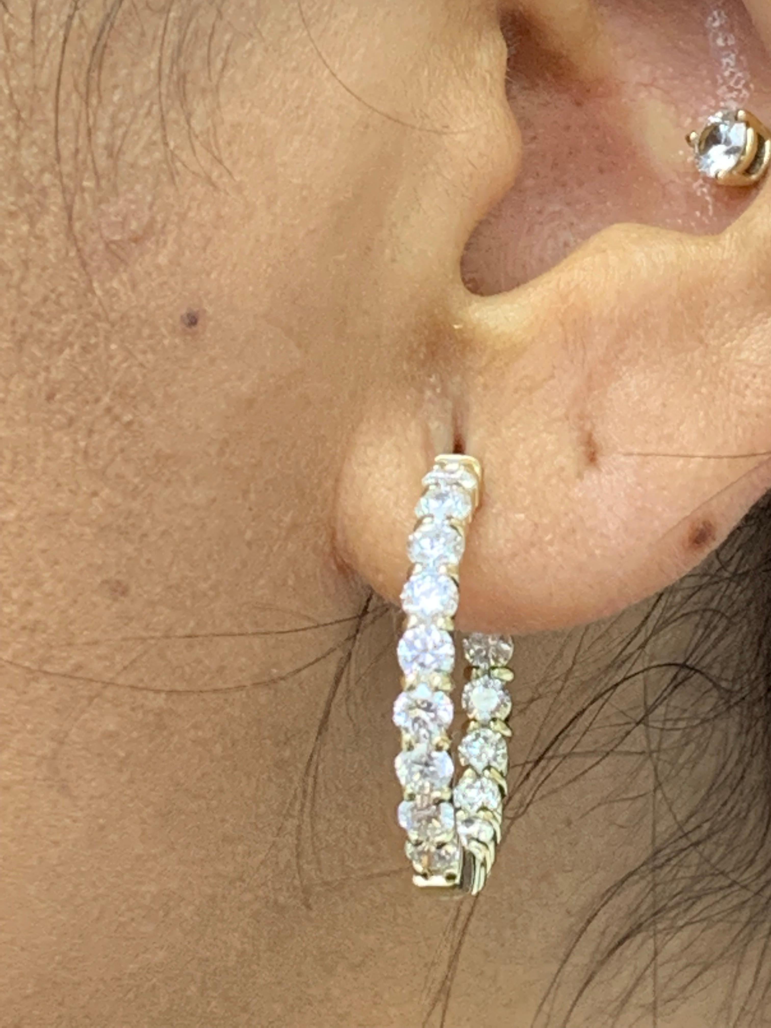 3.15 Carat Round Cut Diamond Hoop Earrings in 14K Yellow Gold For Sale 3