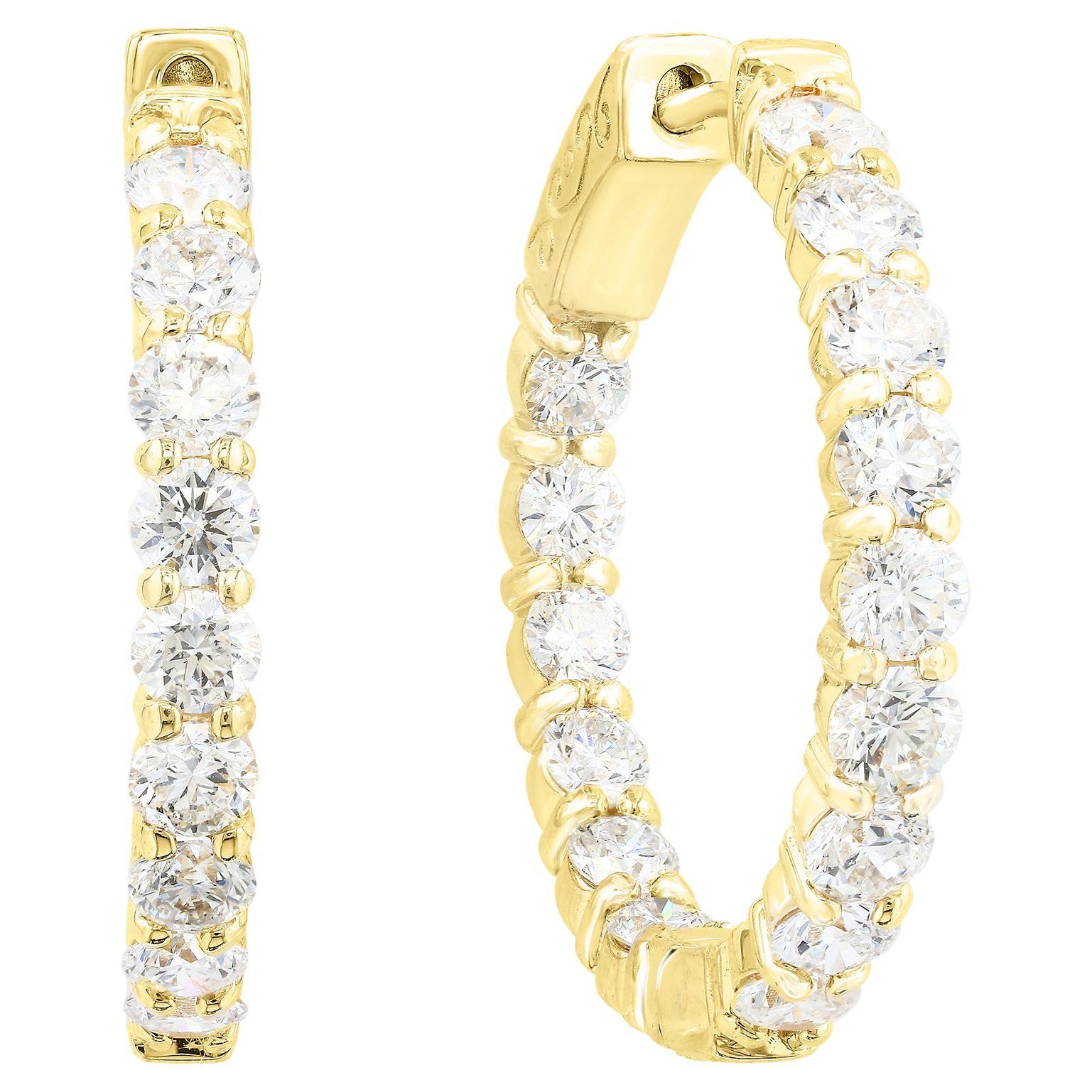 3.15 Carat Round Cut Diamond Hoop Earrings in 14K Yellow Gold For Sale