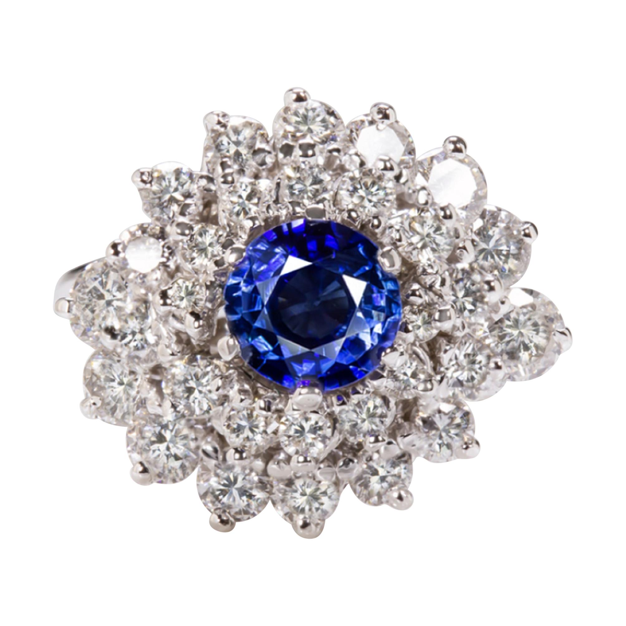 3.15 Carat Sapphire Diamond Vintage Cocktail Ring Royal Blue Estate Halo Ring