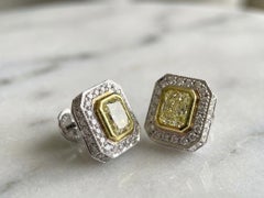 3.15 Carat Total Weight Natural Yellow Diamond Halo Earrings in Platinum and 18K