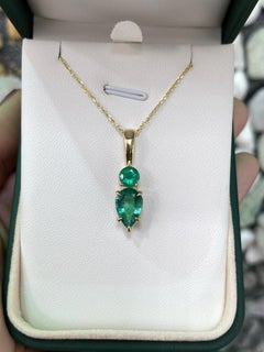 3.15 Carat Zambian Emerald Necklace  14K Gold Teardrop & Round Pendant
