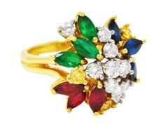 3.15 Carats Fancy Yellow Diamond Ruby Emerald Sapphire Platinum 18 Karat Ring