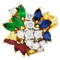 Retro 3.15 Carats Fancy Yellow Diamond Ruby Emerald Sapphire Platinum 18 Karat Ring