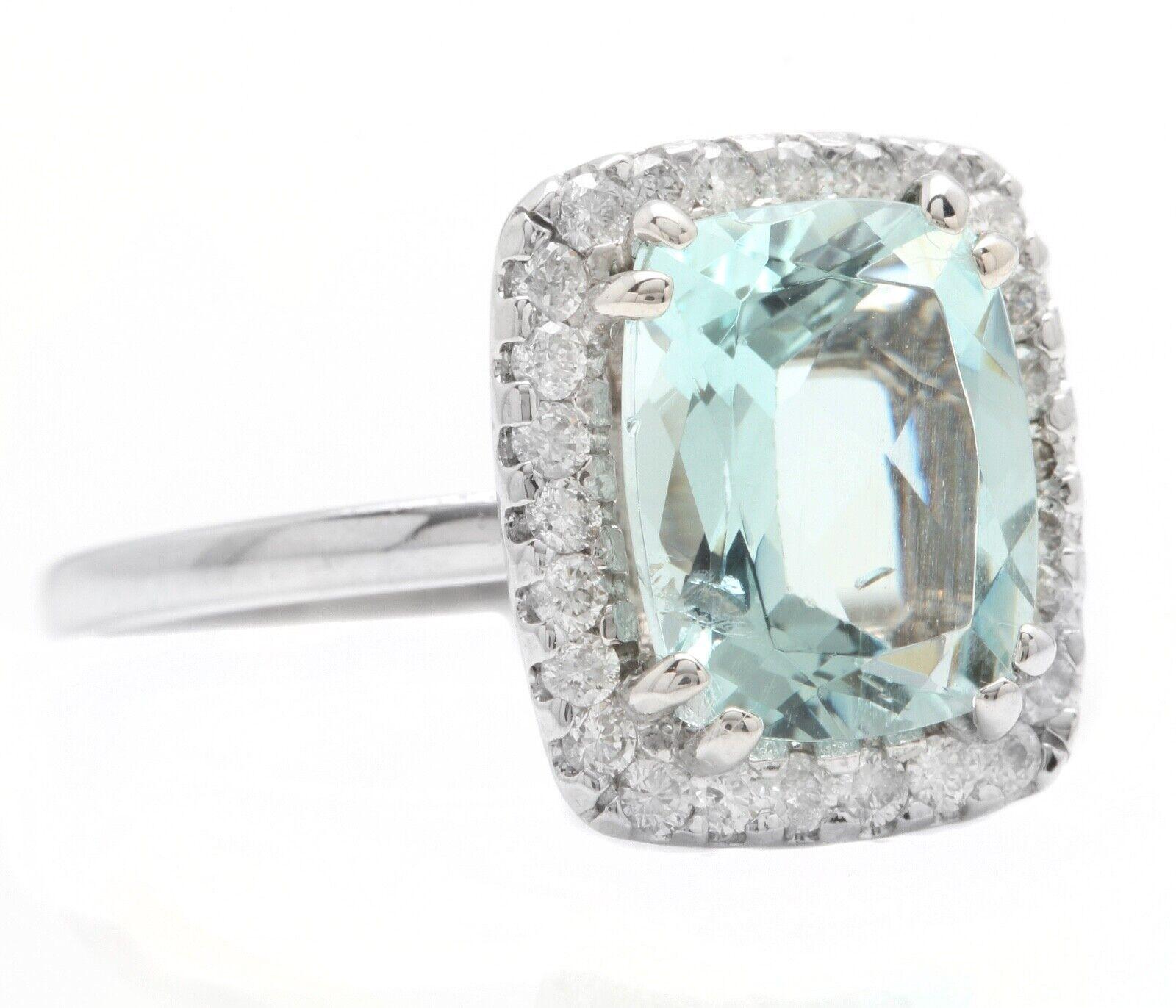 3.15 Carats Natural Aquamarine and Diamond 14K Solid White Gold Ring

Suggested Replacement Value: Approx. $4,000.00

Total Natural Cushion Aquamarine Weights: Approx. 2.80 Carats 

Aquamarine Measures: Approx. 10.00 x 8.00mm

Aquamarine Treatment: