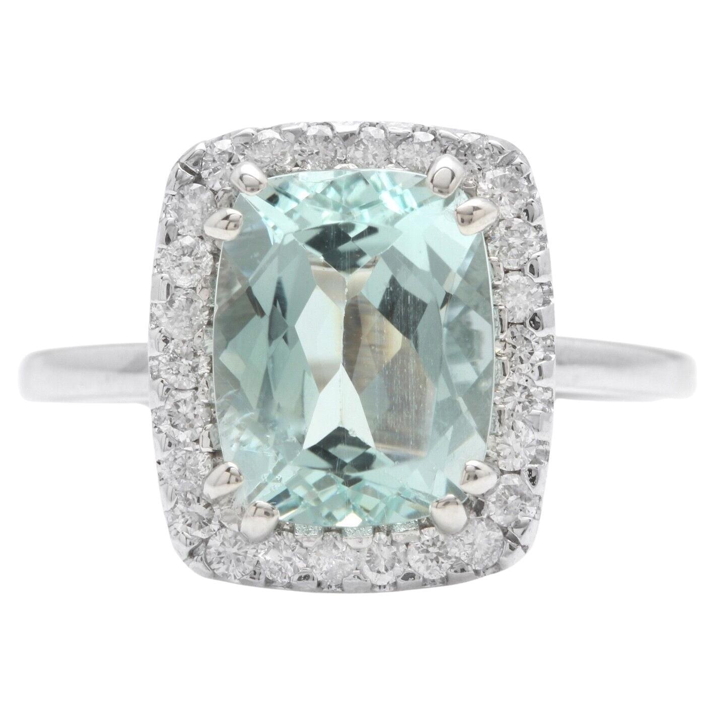 Bague en or blanc massif 14 carats avec aigue-marine naturelle de 3,15 carats et diamants