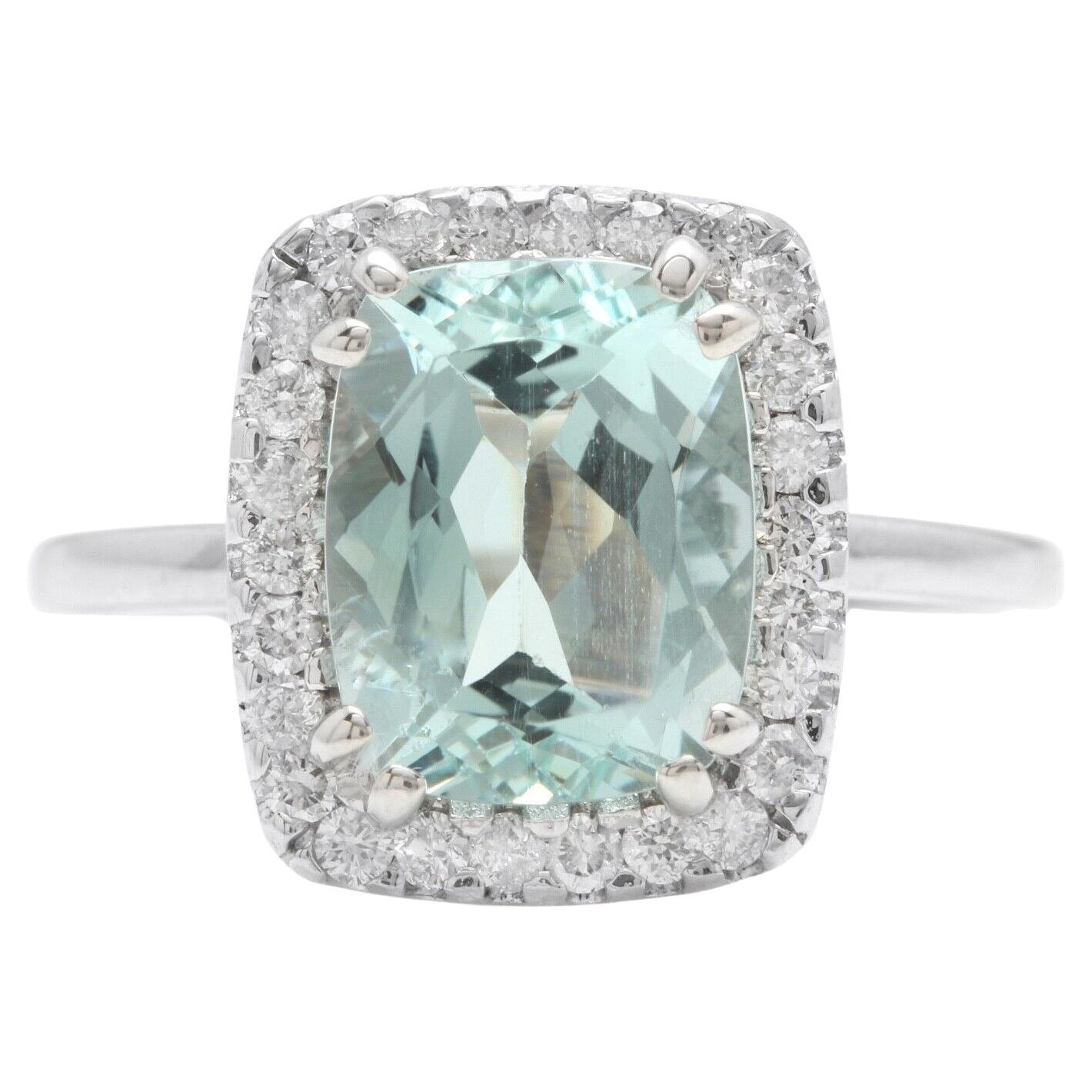 Anillo de oro blanco macizo de 14 quilates con aguamarina natural y diamantes de 3,15 quilates