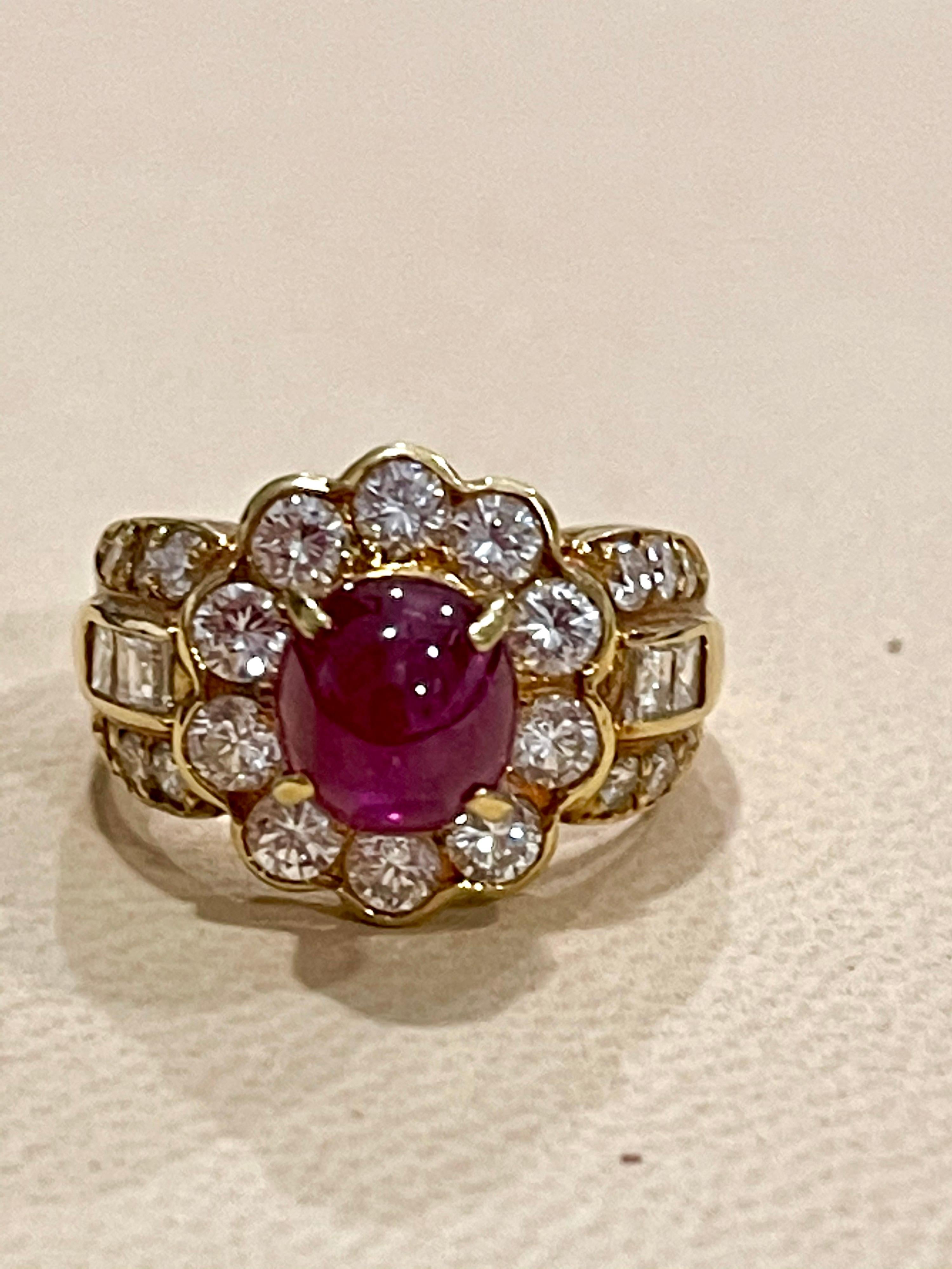3.50 Ct Natural Burma Cabochon Ruby & 1.8 Ct Diamond 18 Karat Yellow Gold Ring

Three & Half Carat of very clean natural Burma Ruby Cabochon , Beautiful Color and very clean Ruby
There are 1.8 Ct of Baguettes and Round Brilliant cut diamonds Diamond