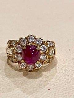 3.15 Carat Natural Burma Cabochon Ruby and 1.79 Carat Diamond 18 Karat Gold Ring