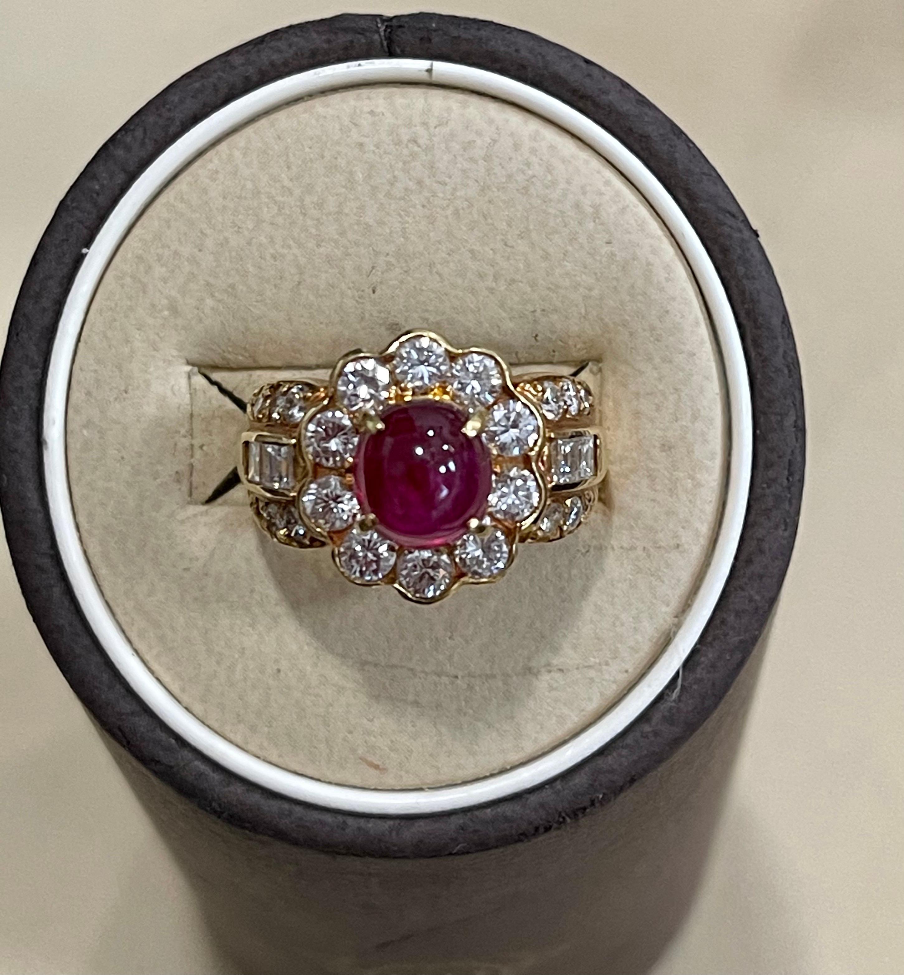 3.15 Carat Natural Burma Cabochon Ruby and 1.79 Carat Diamond 18 Karat Gold Ring In Excellent Condition For Sale In New York, NY