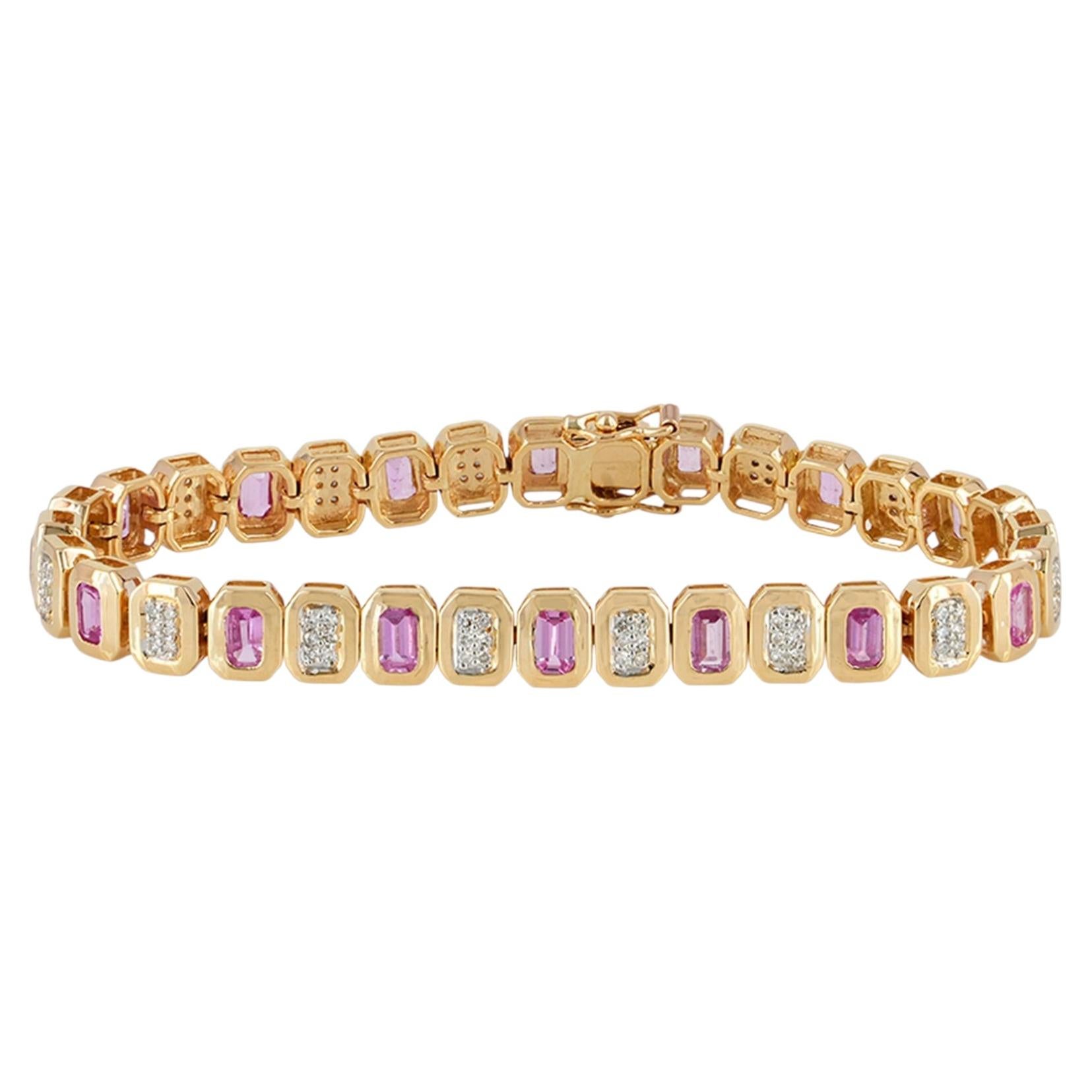 Genuine Diamond Pink Sapphire 14k Yellow Gold Tennis Bracelet Fine Jewelry