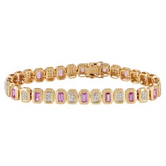 Genuine Diamond Pink Sapphire 14k Yellow Gold Tennis Bracelet Fine Jewelry