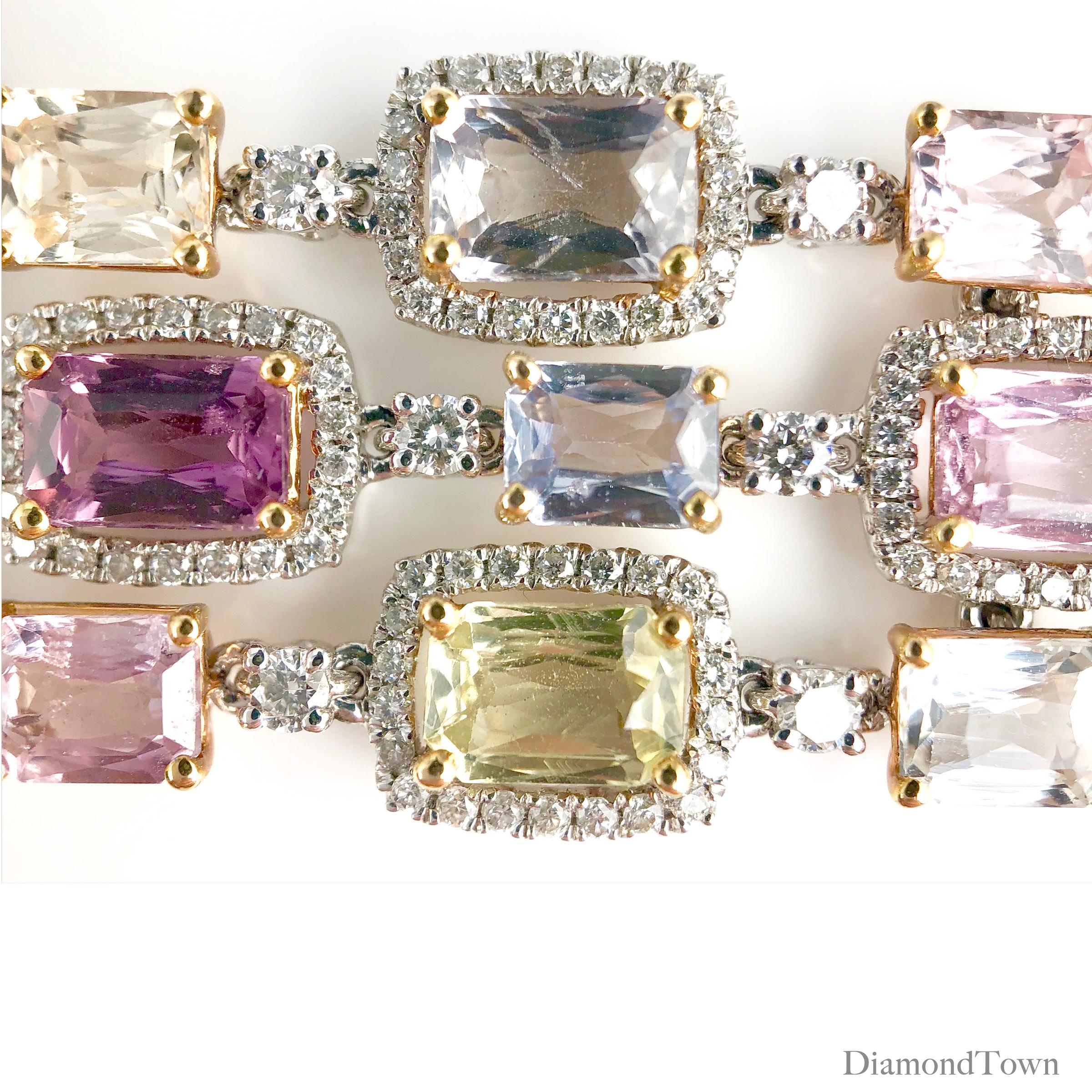 (DiamondTown) This bracelet features 31.54 carats multicolored sapphires, including pink, yellow, and lavender of varied levels of color, alternating with 4.22 carats diamonds. The overall design is set into three tracks, each including the sapphire