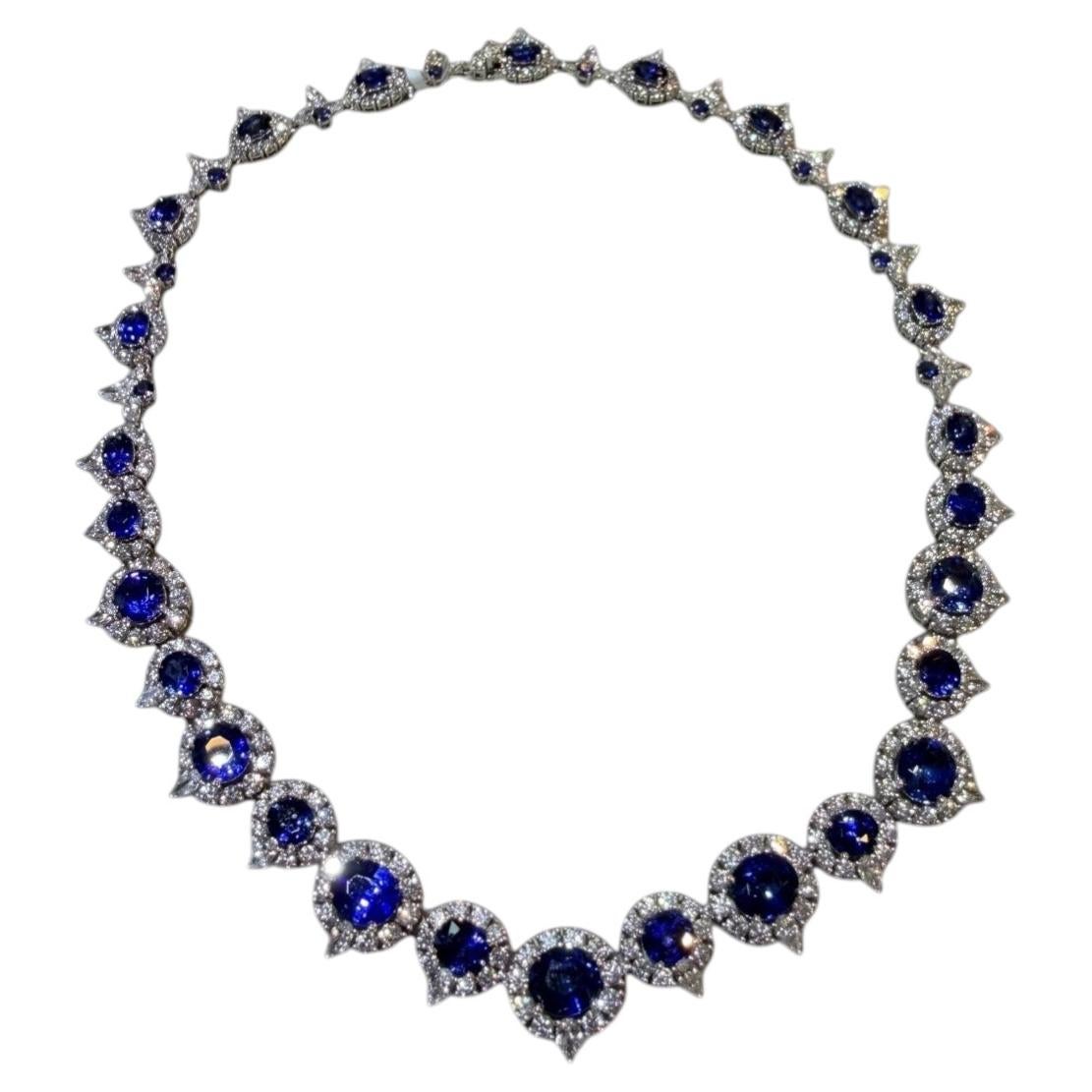 Collier en saphir naturel de Ceylan et diamants, 31,59 ct, diamants de 19,86 ct, or blanc 18 carats