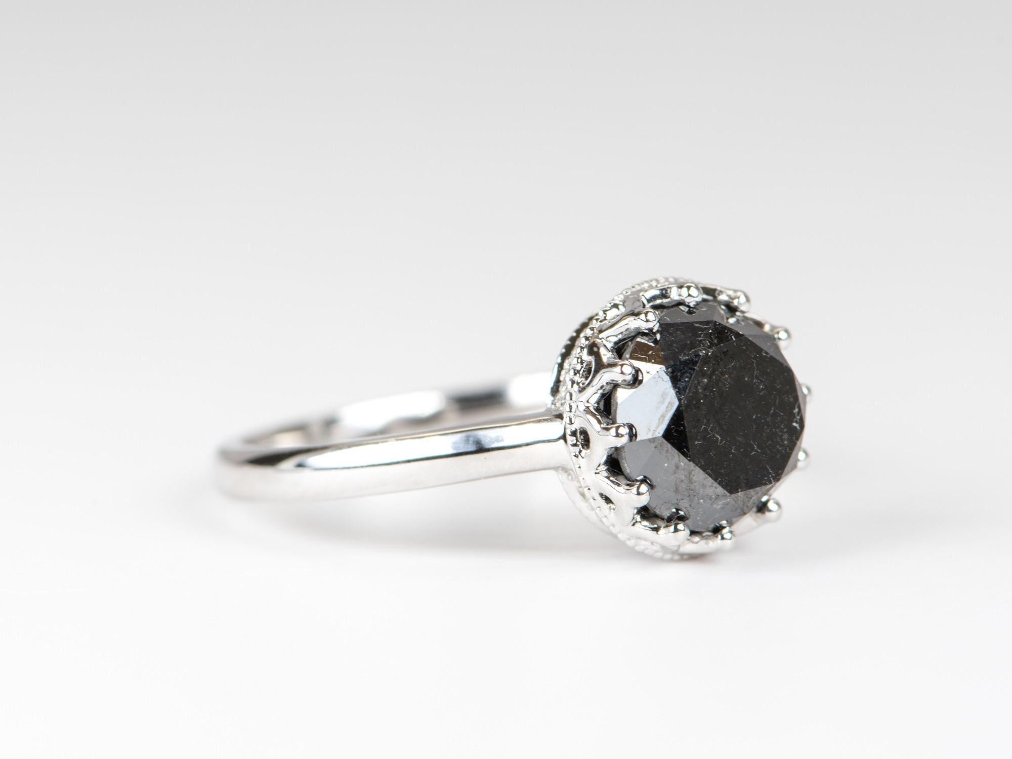 ♥ 3.15ct Black Diamond in Vintage-Inspired Basket Diamond Accent 14K White Gold Engagement Ring
♥ Solid 14k white gold ring set with a beautiful round-shaped diamond
♥ Gorgeous black color!
♥ The item measures 10.3 mm in length, 9.8 mm in width, and