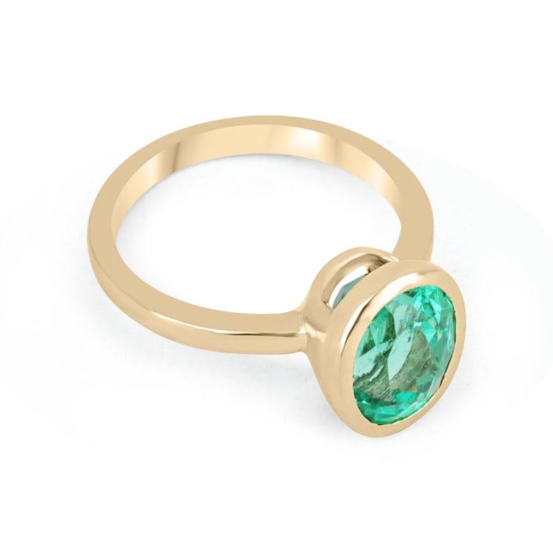 Contemporary 3.15cts 18K Bezel Set Oval Emerald Engagement Ring  Yellow Gold For Sale