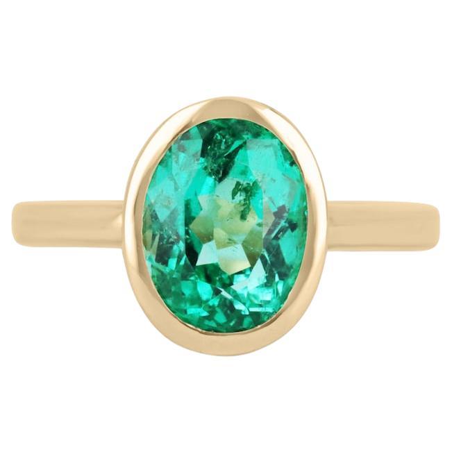 3.15cts 18K Bezel Set Oval Emerald Engagement Ring  Yellow Gold For Sale