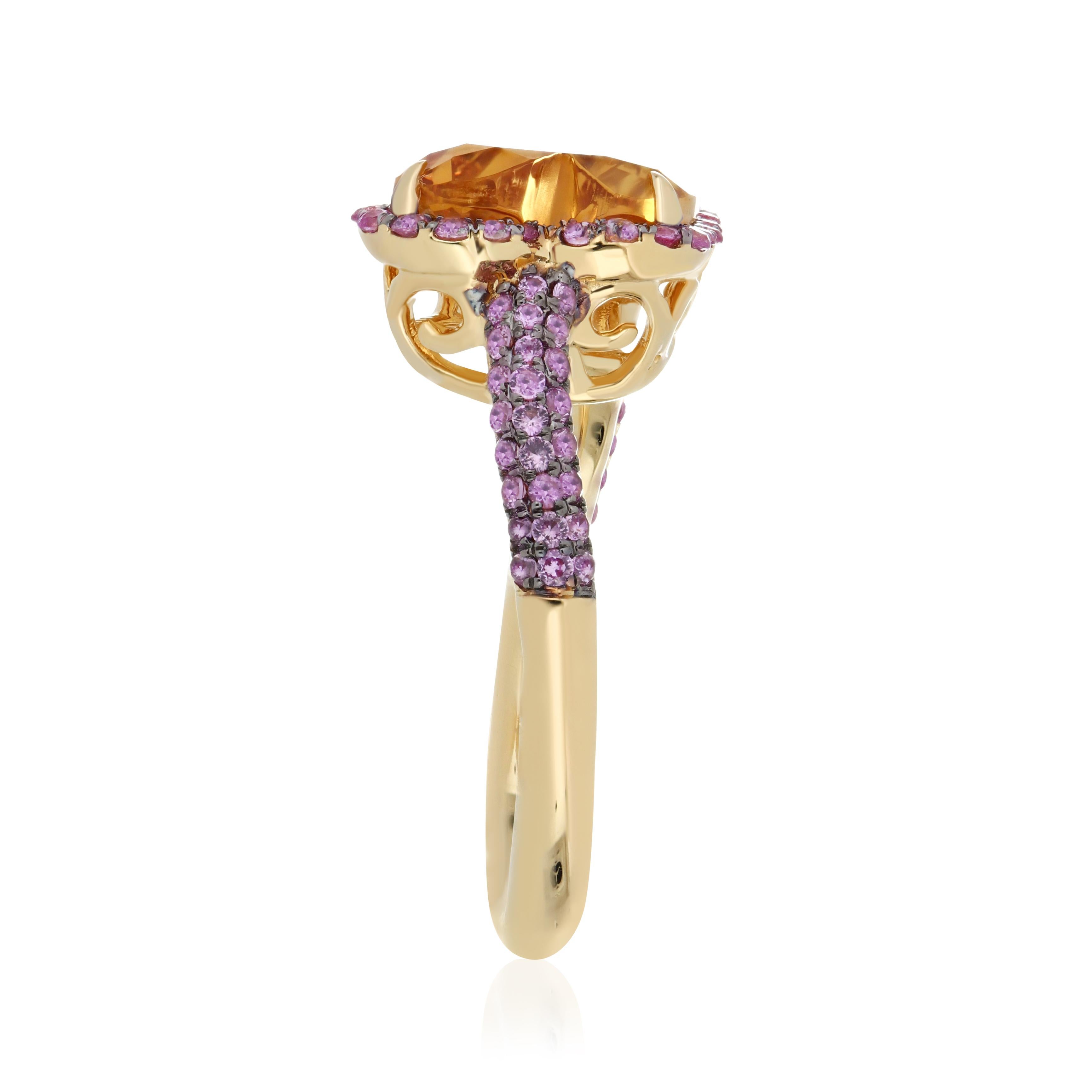 En vente :  Bague artisanale en or jaune 14k avec citrine et saphir rose de 3,15 carats 2