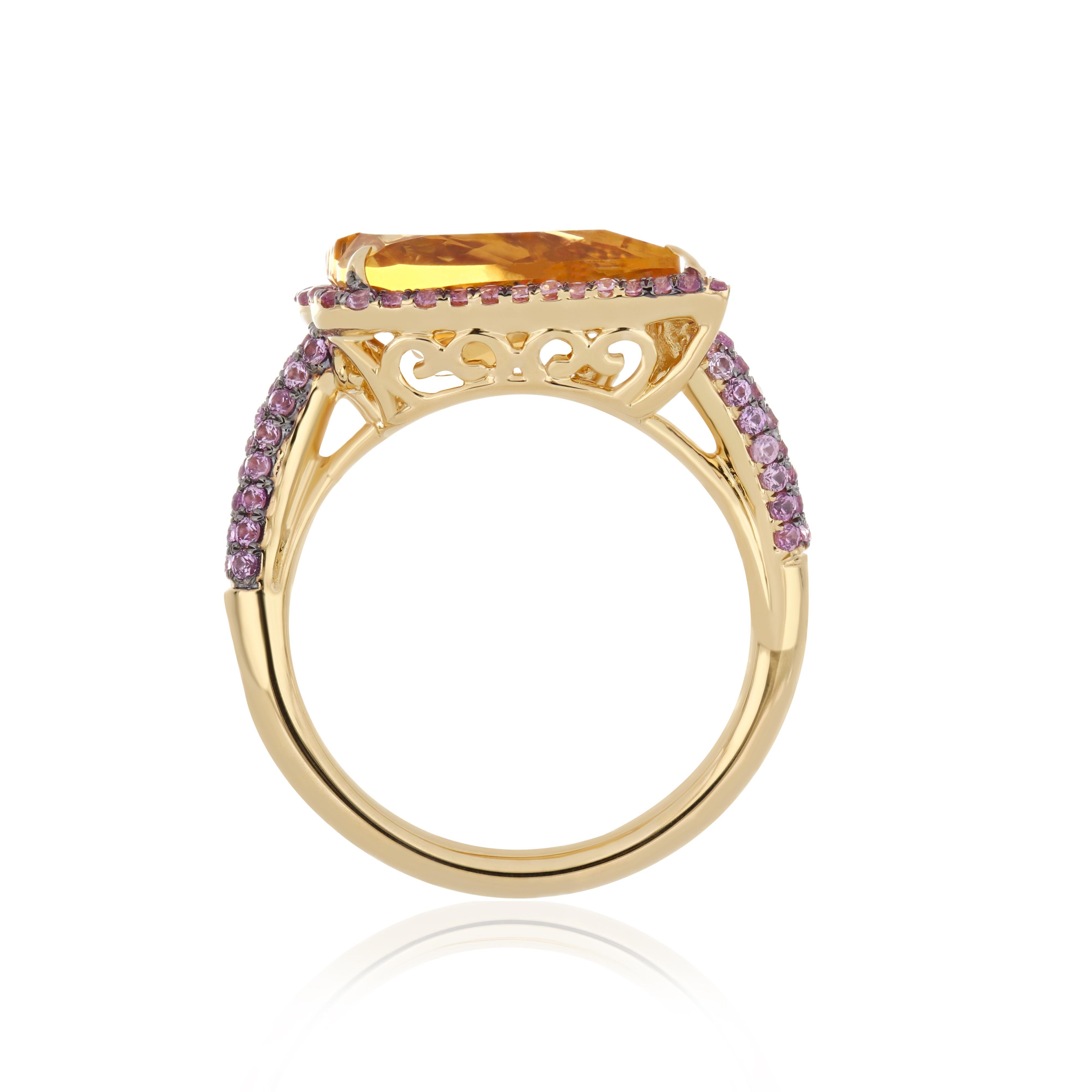 En vente :  Bague artisanale en or jaune 14k avec citrine et saphir rose de 3,15 carats 3