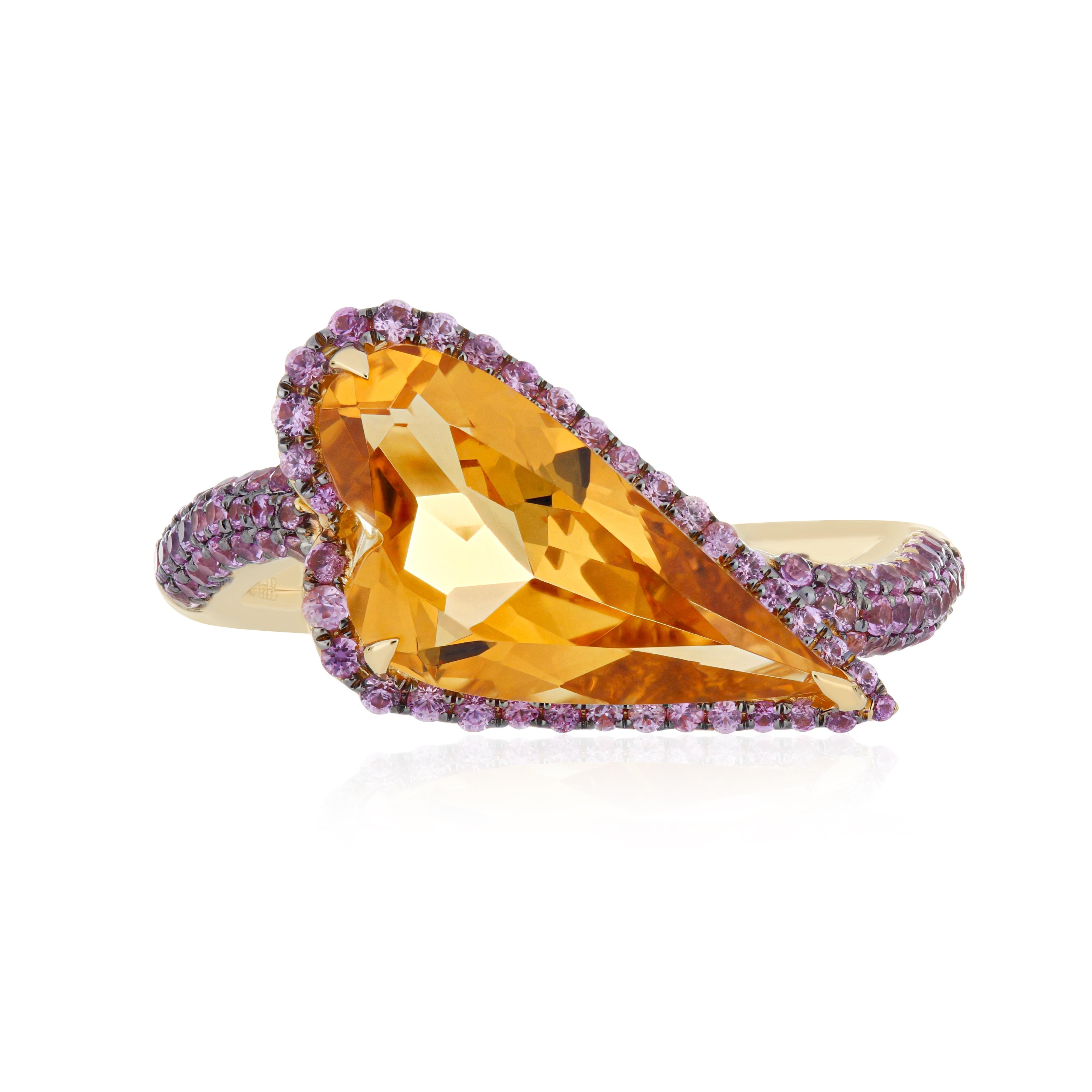 En vente :  Bague artisanale en or jaune 14k avec citrine et saphir rose de 3,15 carats 6