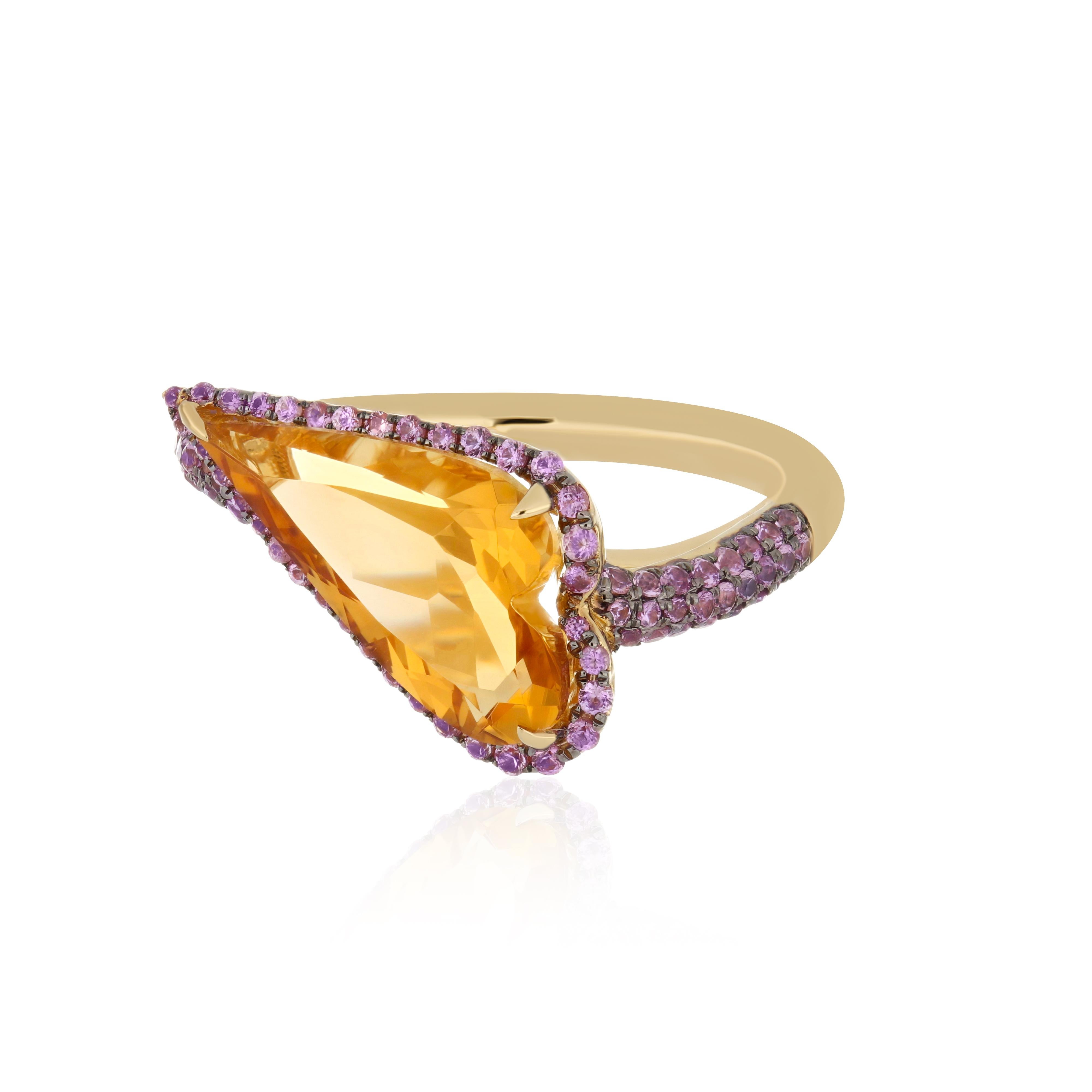 En vente :  Bague artisanale en or jaune 14k avec citrine et saphir rose de 3,15 carats 8