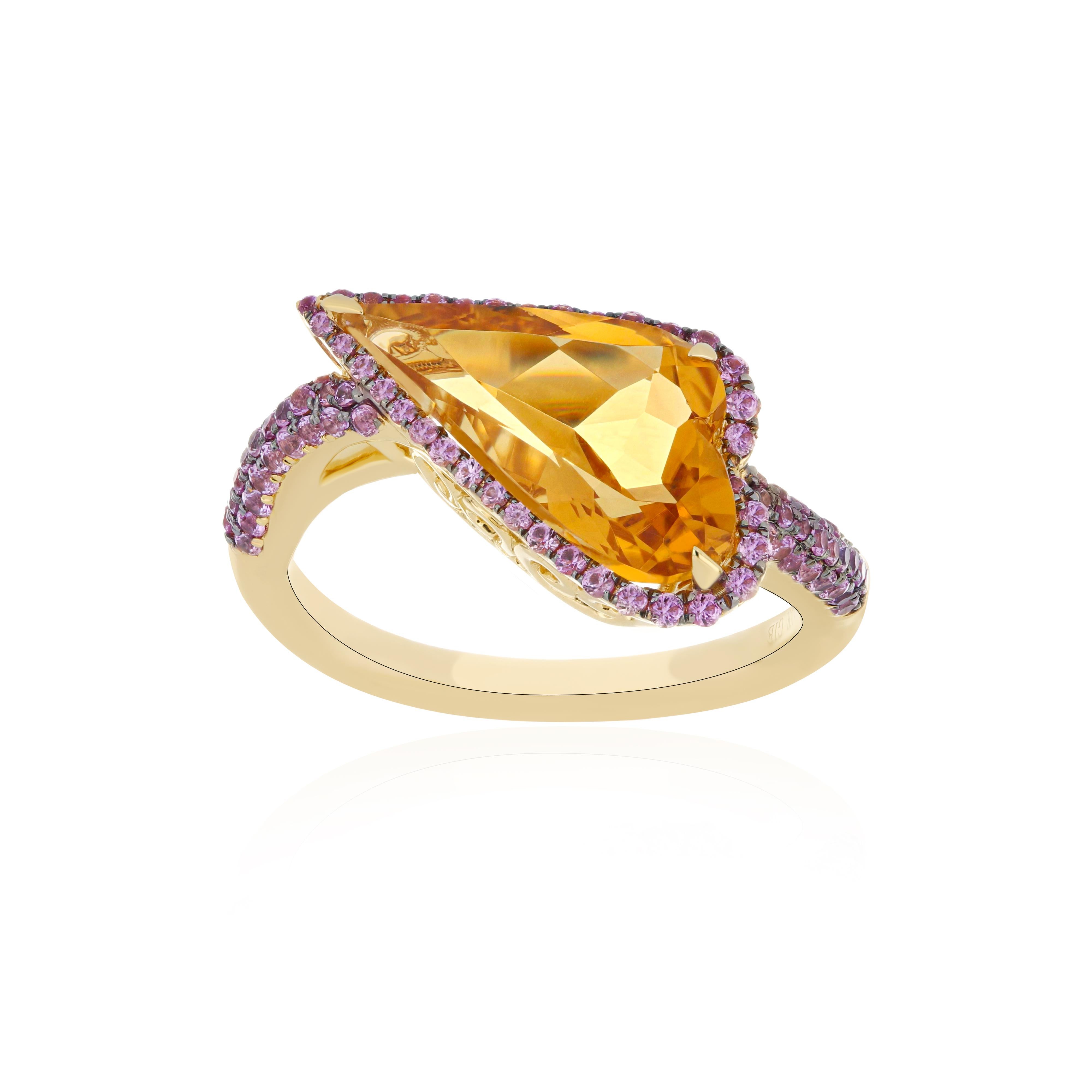 En vente :  Bague artisanale en or jaune 14k avec citrine et saphir rose de 3,15 carats 9