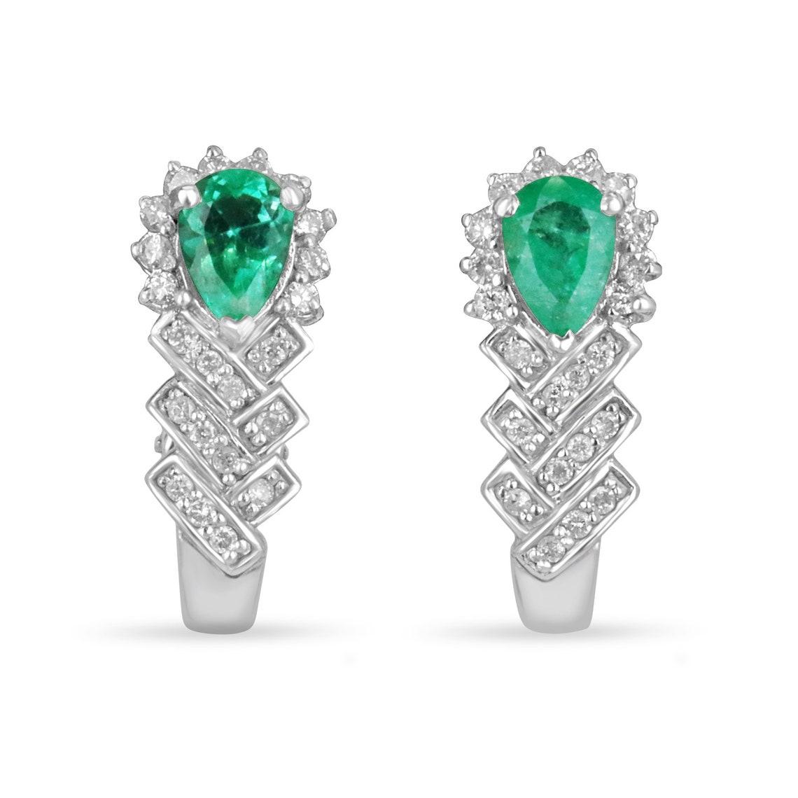 3.15cts Pear Cut Colombian Emerald & Diamond Drop Earrings 14K Natural
