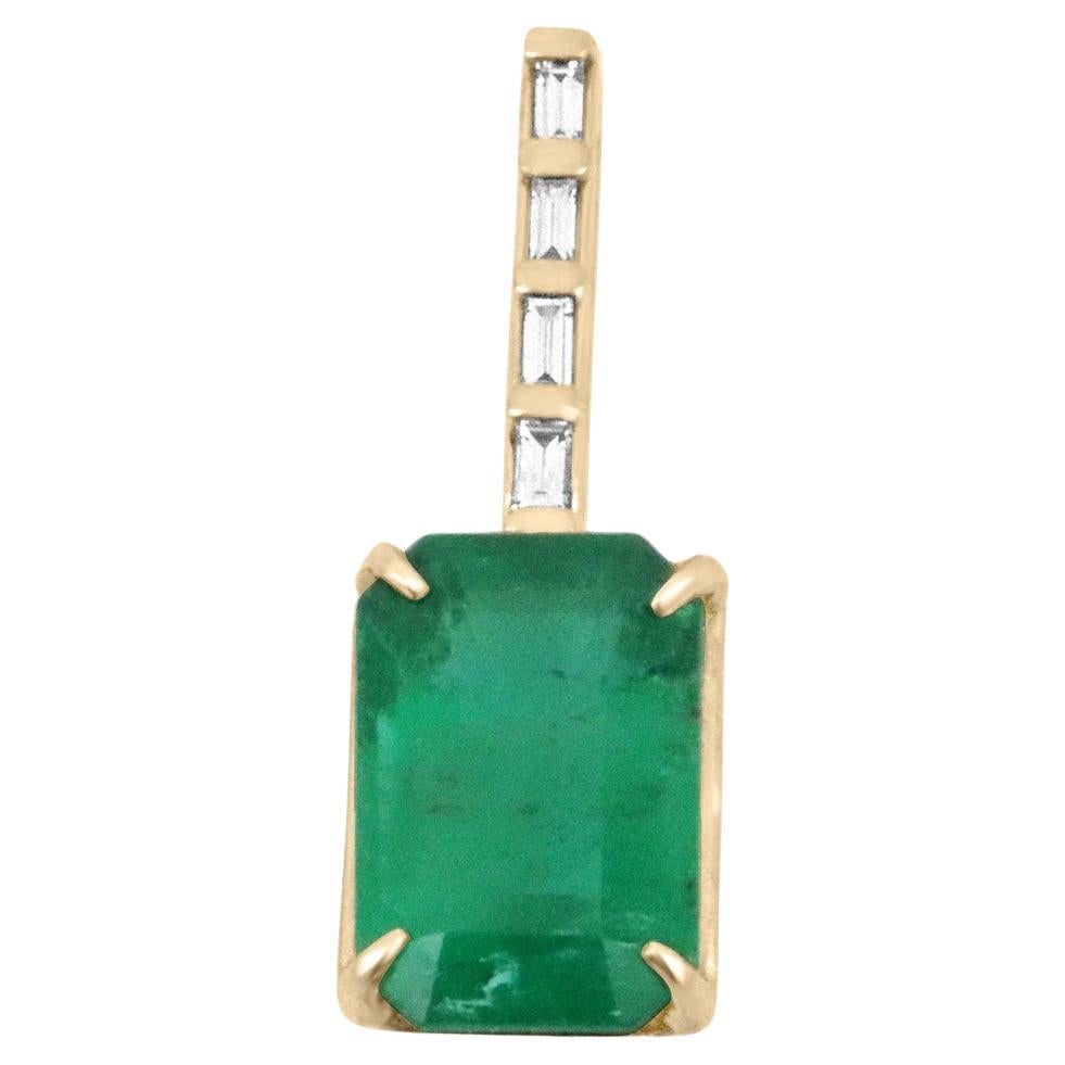 3.15tcw 14K Emerald Cut Emerald & Diamond Bail Necklace Vertical Emerald
