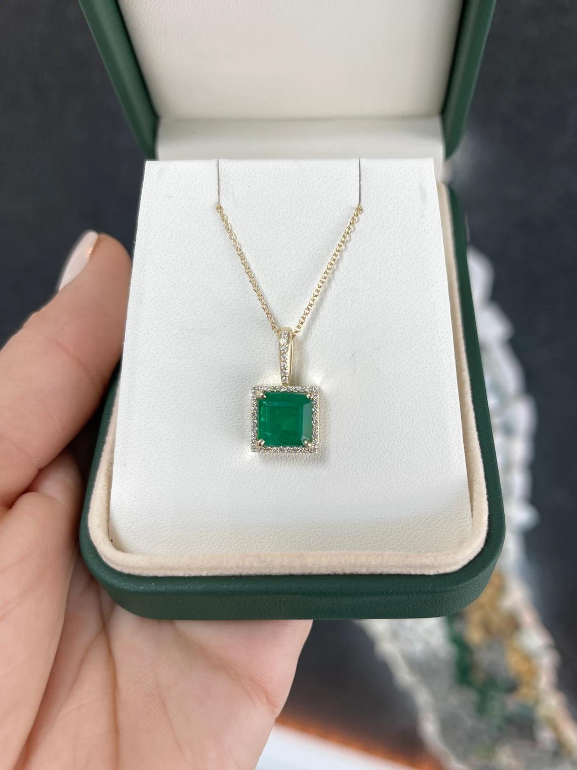 Asscher Cut 3.15tcw Deep Green Asscher Emerald & Diamond Halo Modern Pendant Necklace Gold For Sale