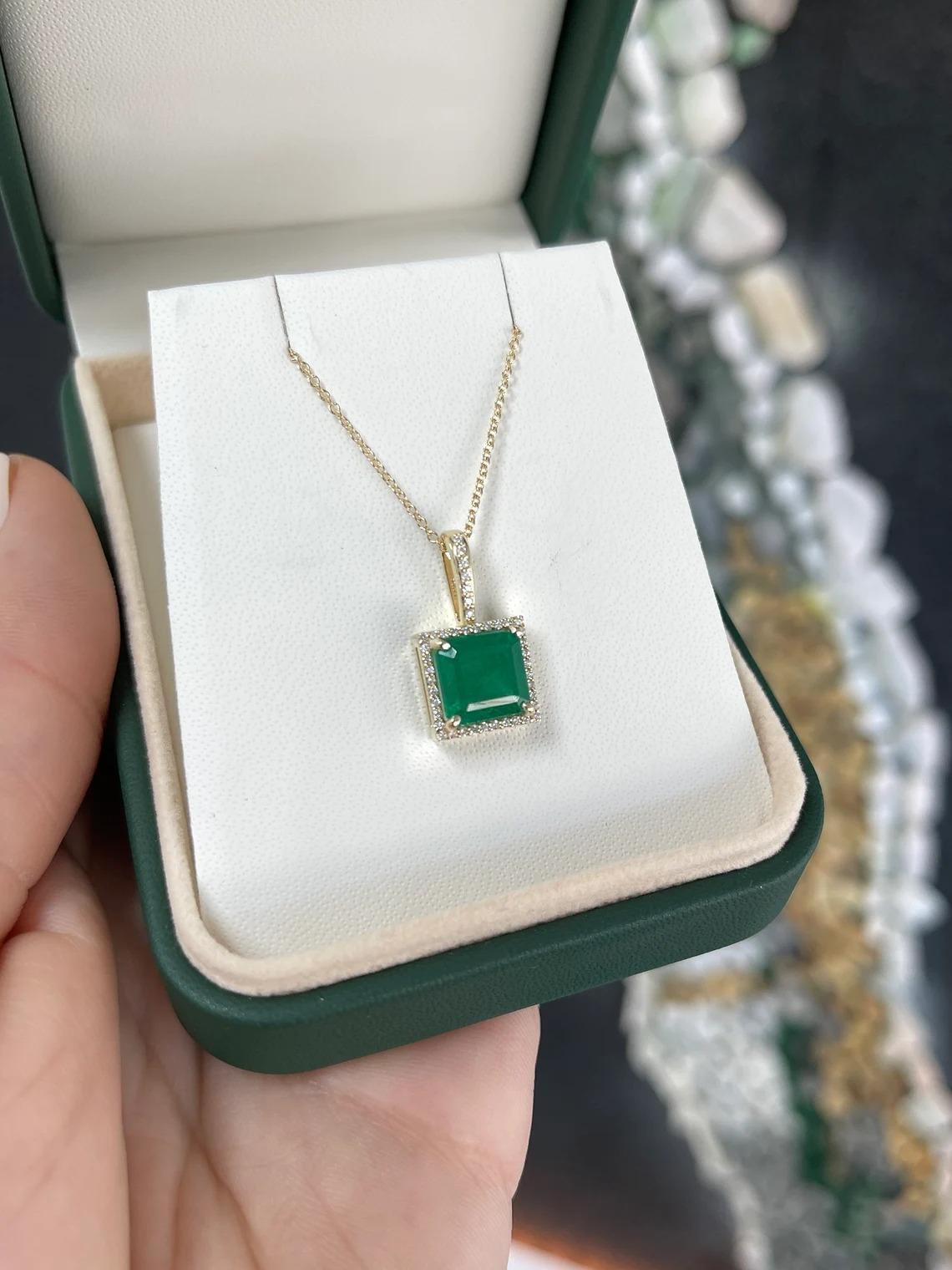 3.15tcw Deep Green Asscher Emerald & Diamond Halo Modern Pendant Necklace Gold In New Condition For Sale In Jupiter, FL