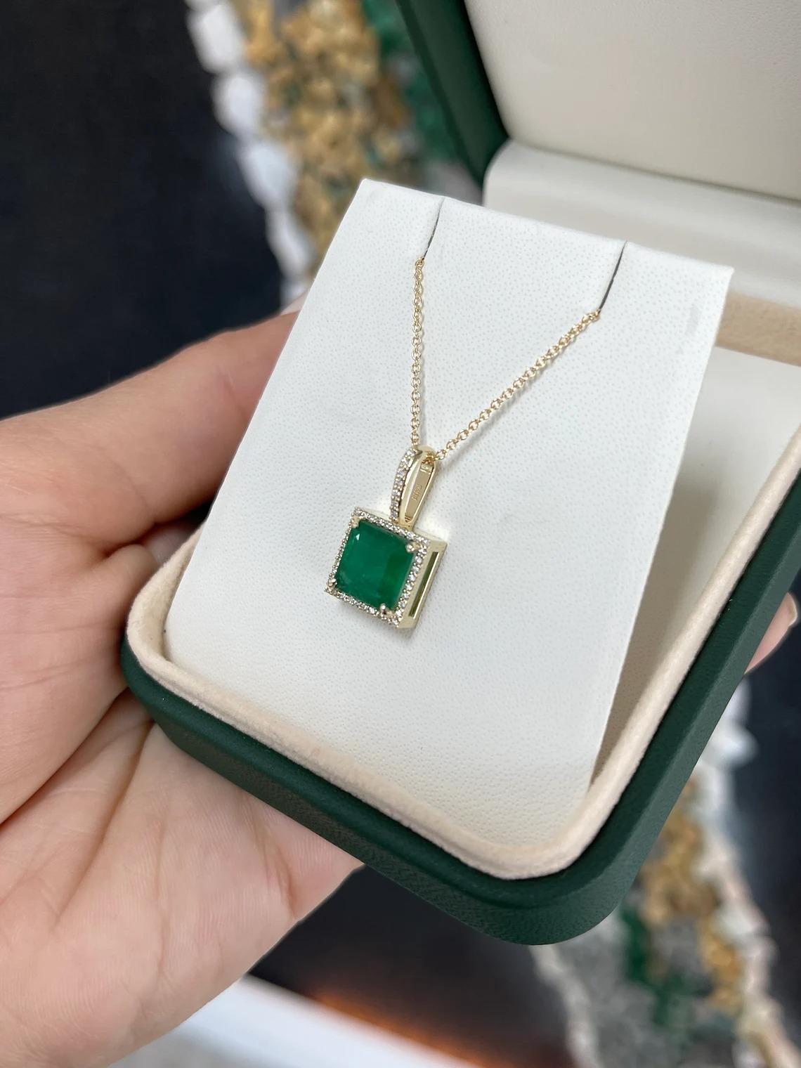Women's or Men's 3.15tcw Deep Green Asscher Emerald & Diamond Halo Modern Pendant Necklace Gold For Sale
