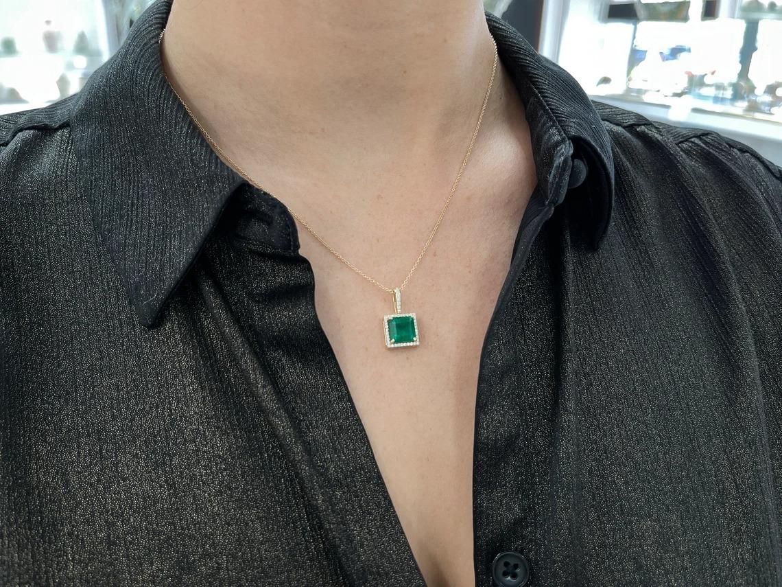 3.15tcw Deep Green Asscher Emerald & Diamond Halo Modern Pendant Necklace Gold For Sale 1