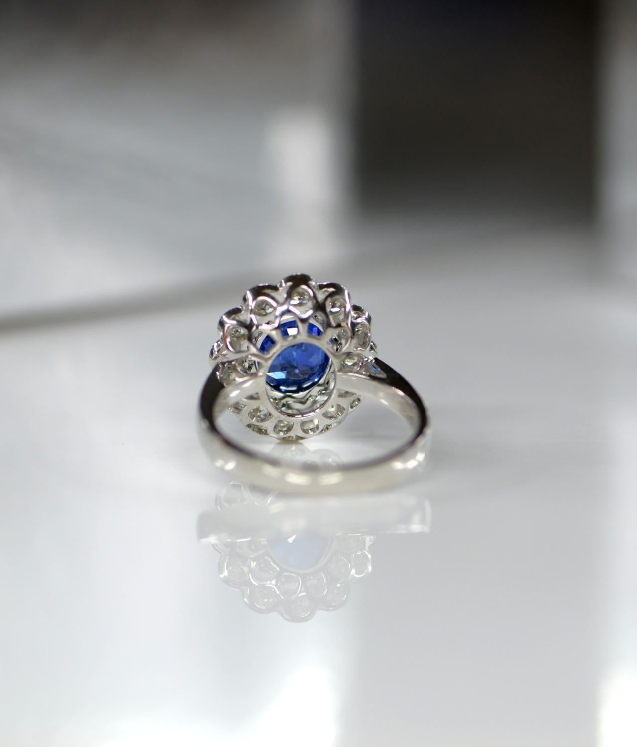 Women's or Men's 3.16 Carat Blue Sapphire and Diamond Cluster Engagement Ring