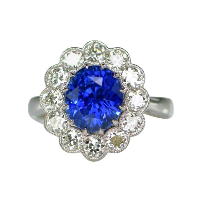 3.16 Carat Blue Sapphire and Diamond Cluster Engagement Ring