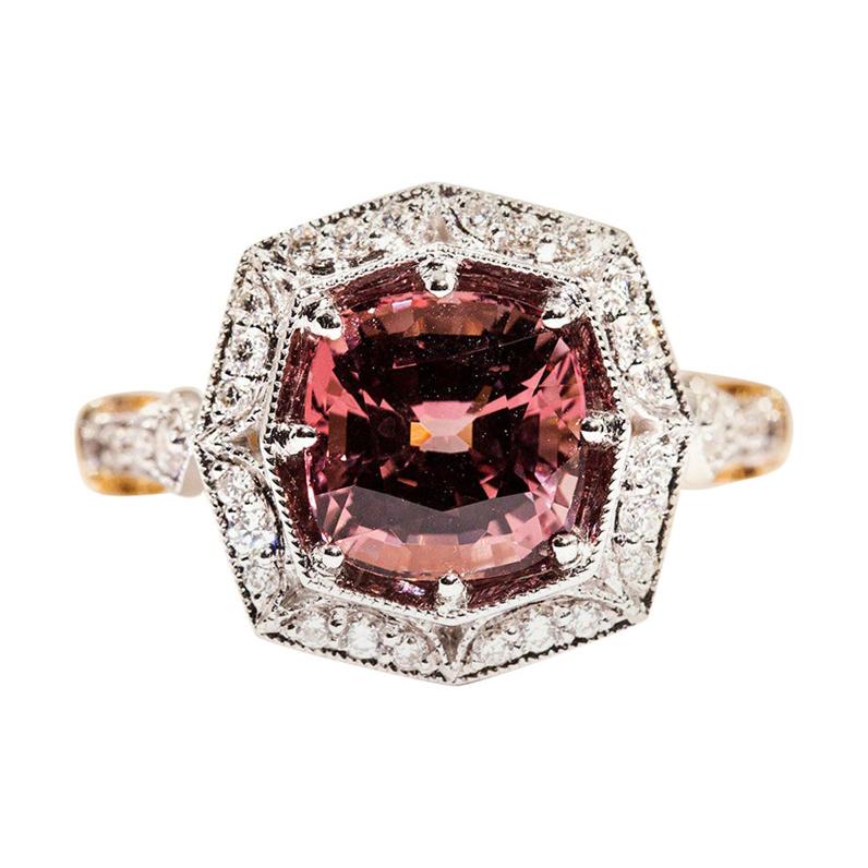 3.16 Carat Cushion Cut Red Pink Spinel and Diamond 18 Carat Gold Halo Ring