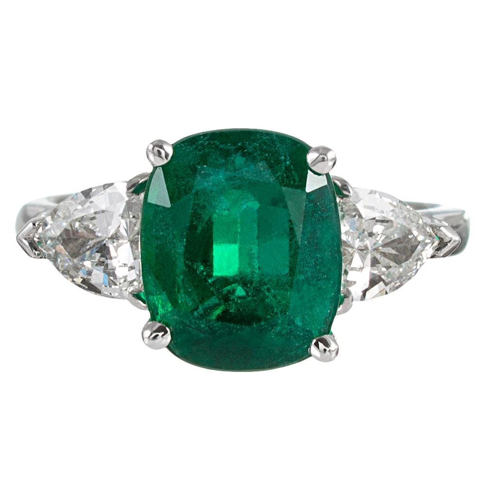 3.16 Carat Cushion Emerald and Shield Diamond Ring
