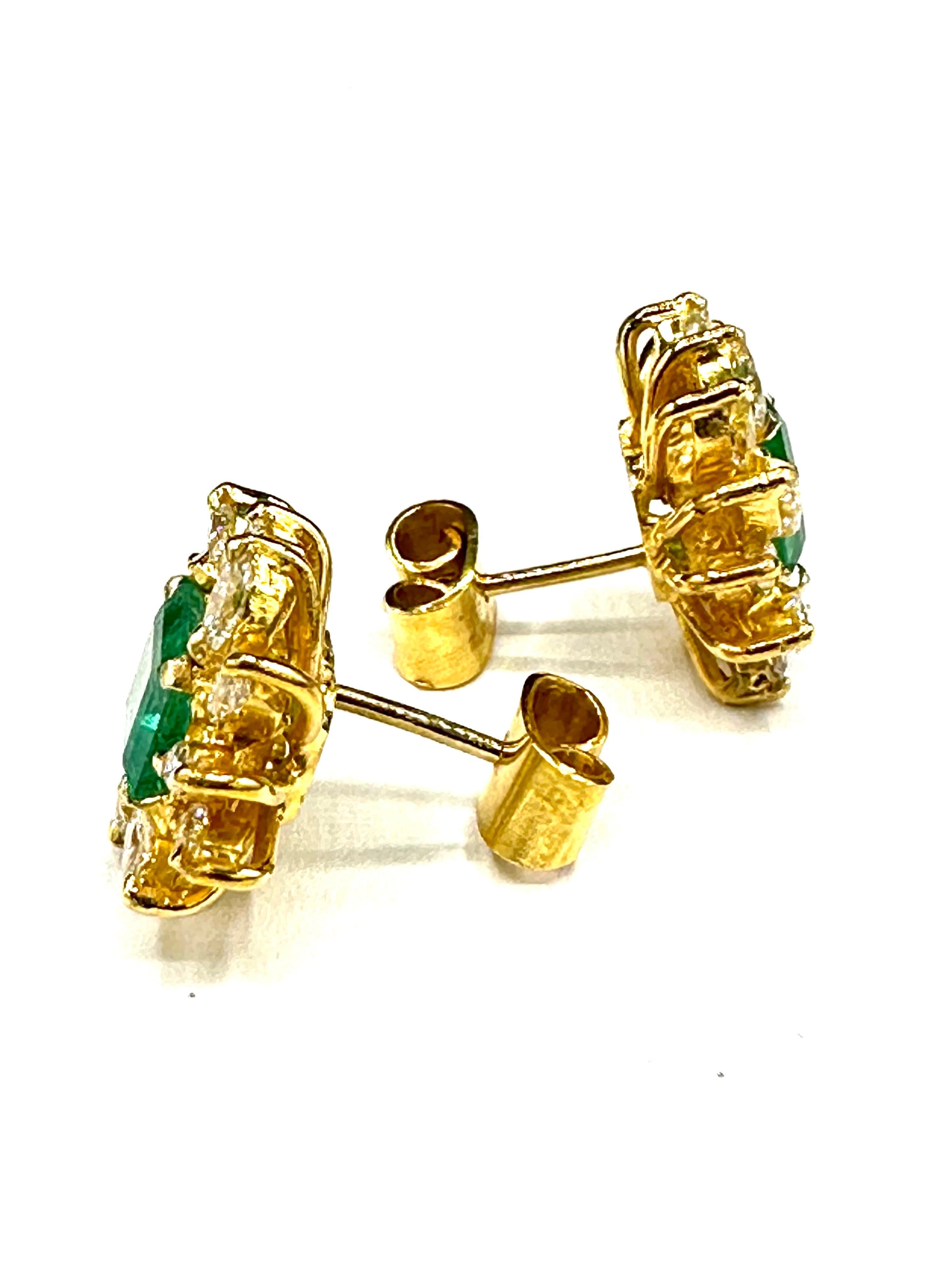 Retro 3.16 Carat Emerald Cut Emerald and 1.20 Carat Marquise Diamond 18k Earrings For Sale