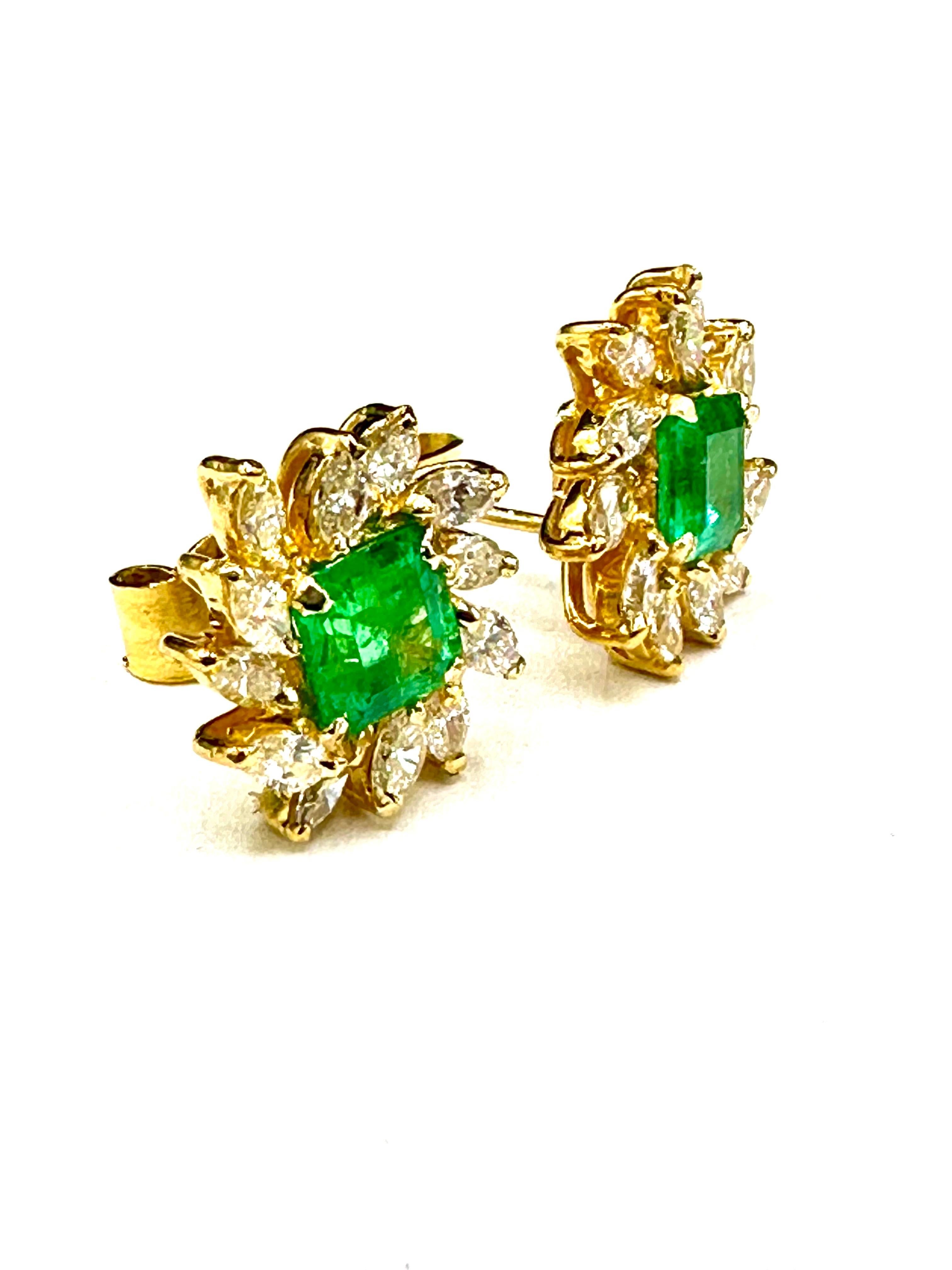 Women's or Men's 3.16 Carat Emerald Cut Emerald and 1.20 Carat Marquise Diamond 18k Earrings For Sale