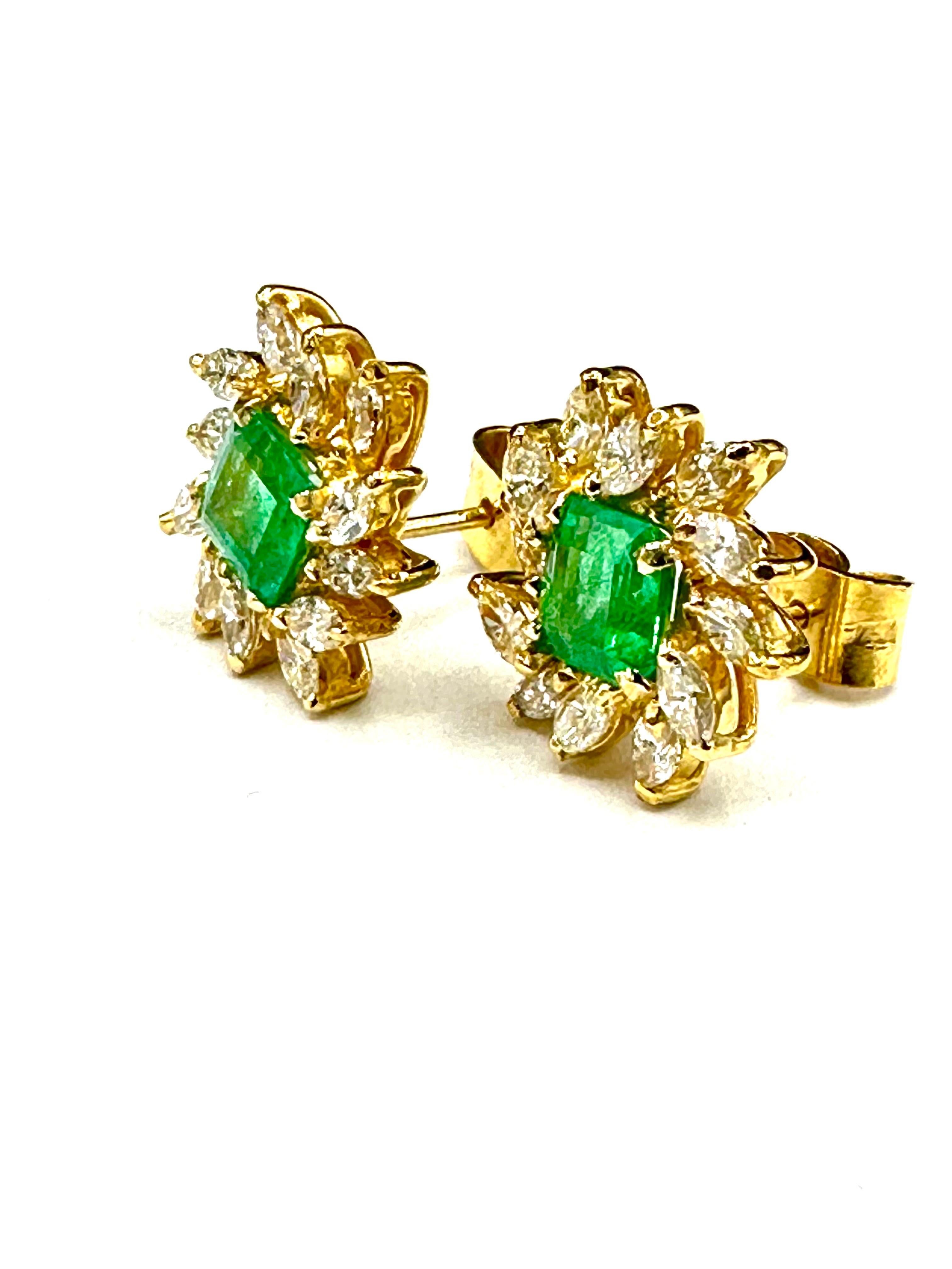 3.16 Carat Emerald Cut Emerald and 1.20 Carat Marquise Diamond 18k Earrings For Sale 1