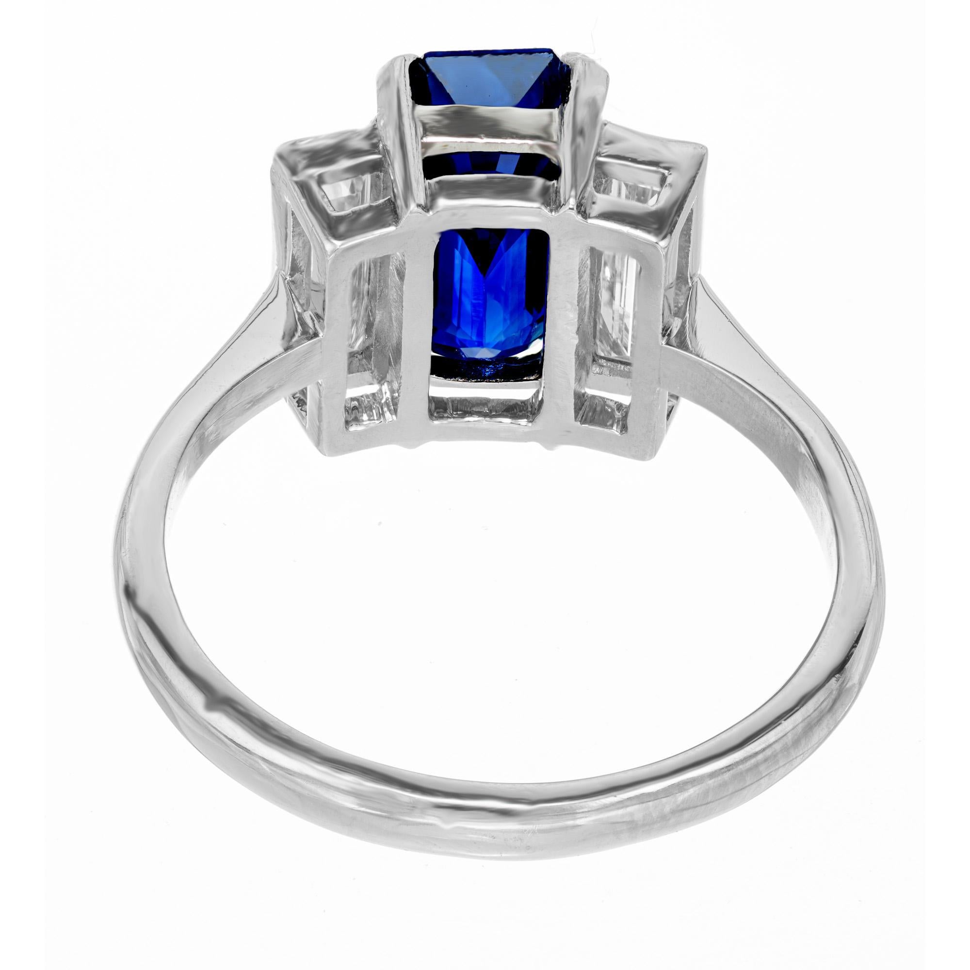 3.16 Carat Emerald Cut Sapphire Diamond Platinum Three-Stone Engagement Ring In Good Condition For Sale In Stamford, CT