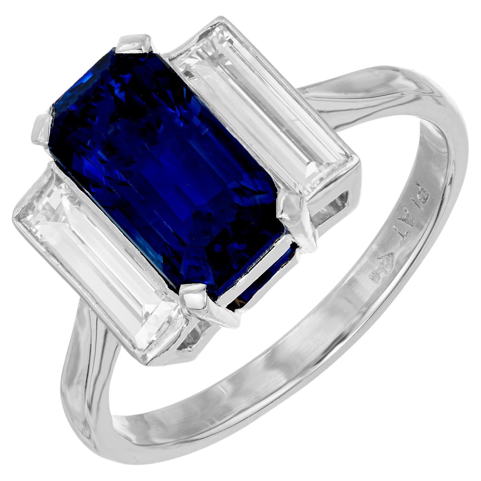 3.16 Carat Emerald Cut Sapphire Diamond Platinum Three-Stone Engagement Ring For Sale