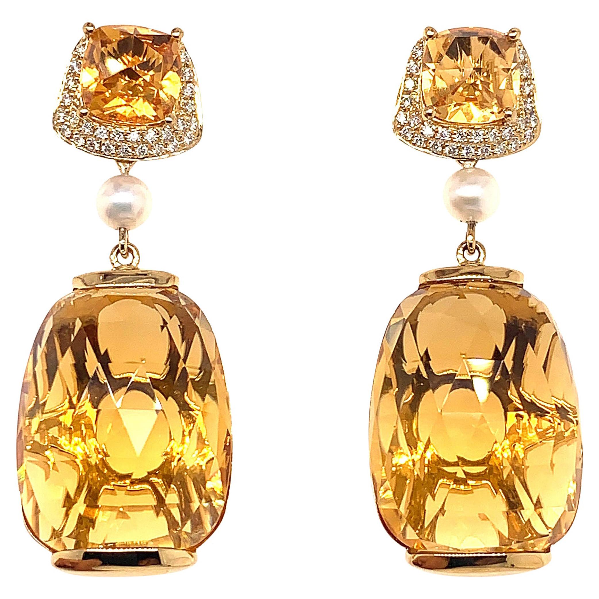 31.6 Carat Honey Quartz Earring in 18 Karat Yellow Gold with Diamonds