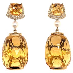 31.6 Carat Honey Quartz Earring in 18 Karat Yellow Gold with Diamonds