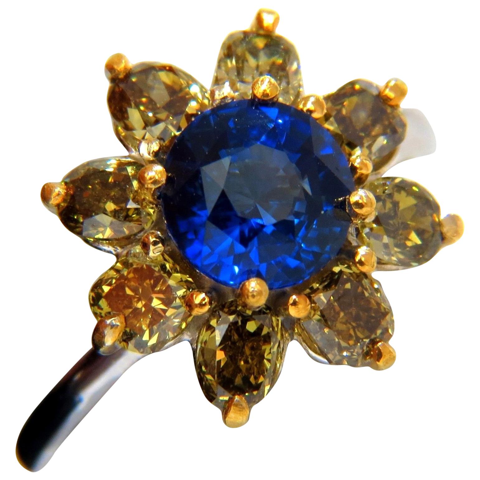 3.16 Carat Natural Royal Blue Round Sapphire Fancy Color Diamonds Cluster Ring